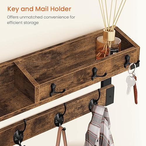 Miniatura 3 de Homode Perchero con estante, estante de pared con ganchos, 26 pulgadas de largo para colgar abrigos, soporte de pared con llave y correo, estante de