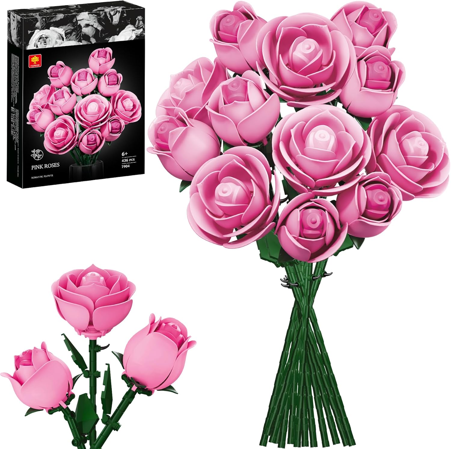 INRATELL Pink Rose Flower Building Set, Botanical Bouquet Block Set Gift for Mothers Day for Adults, Wife, Her, Girlfriend, Mom, Grandma on Birthdays, Home Office Decor Table Display
