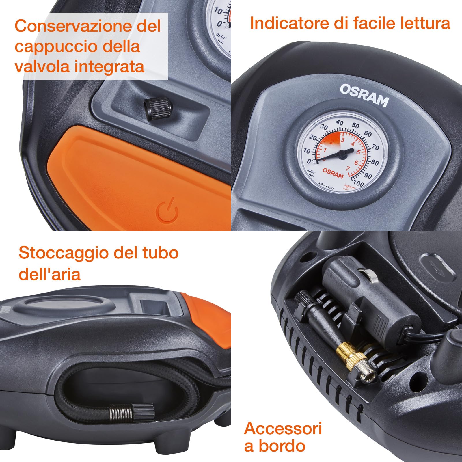 OSRAM OTI200 TYREinflate 200, Pompa elettrica analogica, compressore Auto Portatile 12V, Alimentazione Tramite accendisigari, gonfiaggio dei Pneumatici in 4,5 min, Senza Luce LED, Stop
