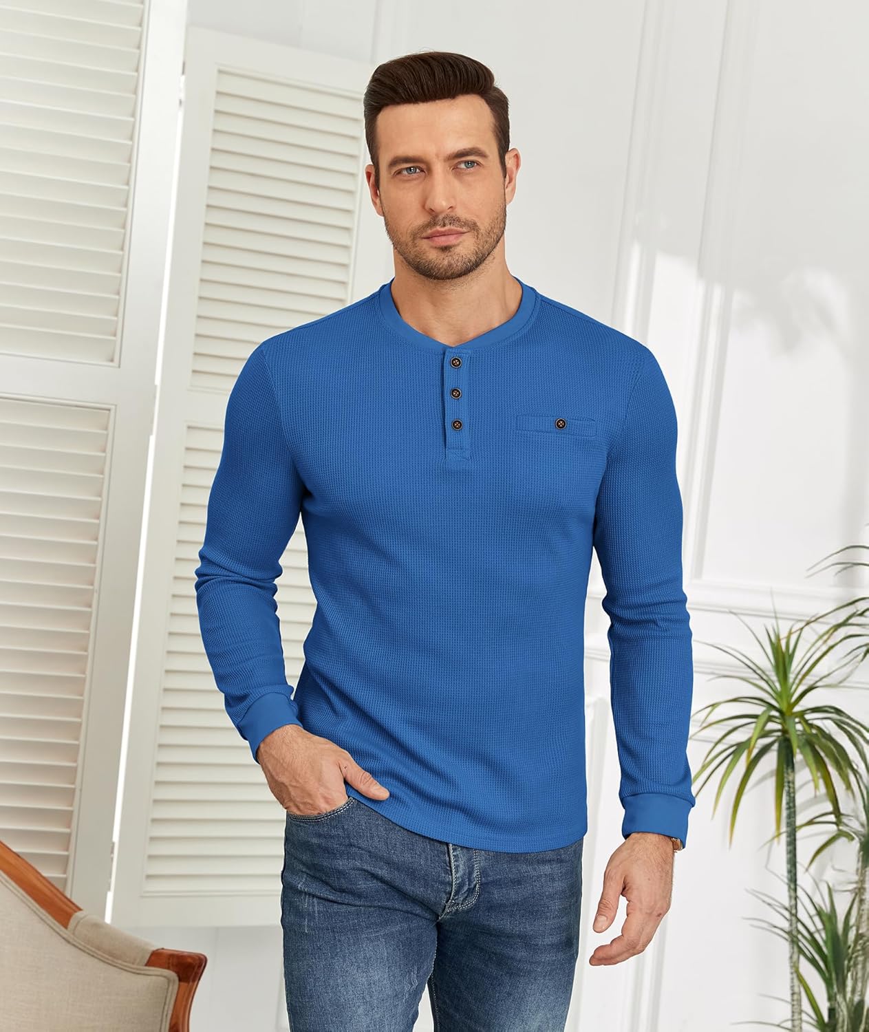 PRIVIMIX Mens Waffle Henley Long Sleeve Cotton Casual T-Shirt Fashion Three Button Pullover with Pocket - Image 2