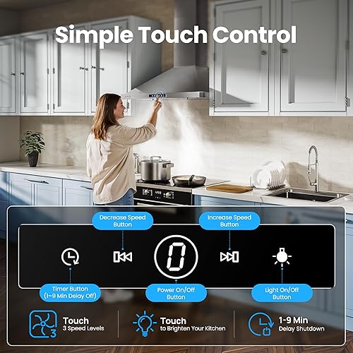 Miniatura 5 de Campana extractora de montaje en pared de 30 pulgadas, 580 CFM, convertible con conductossin conductos, campana de ventilación de cocina de acero