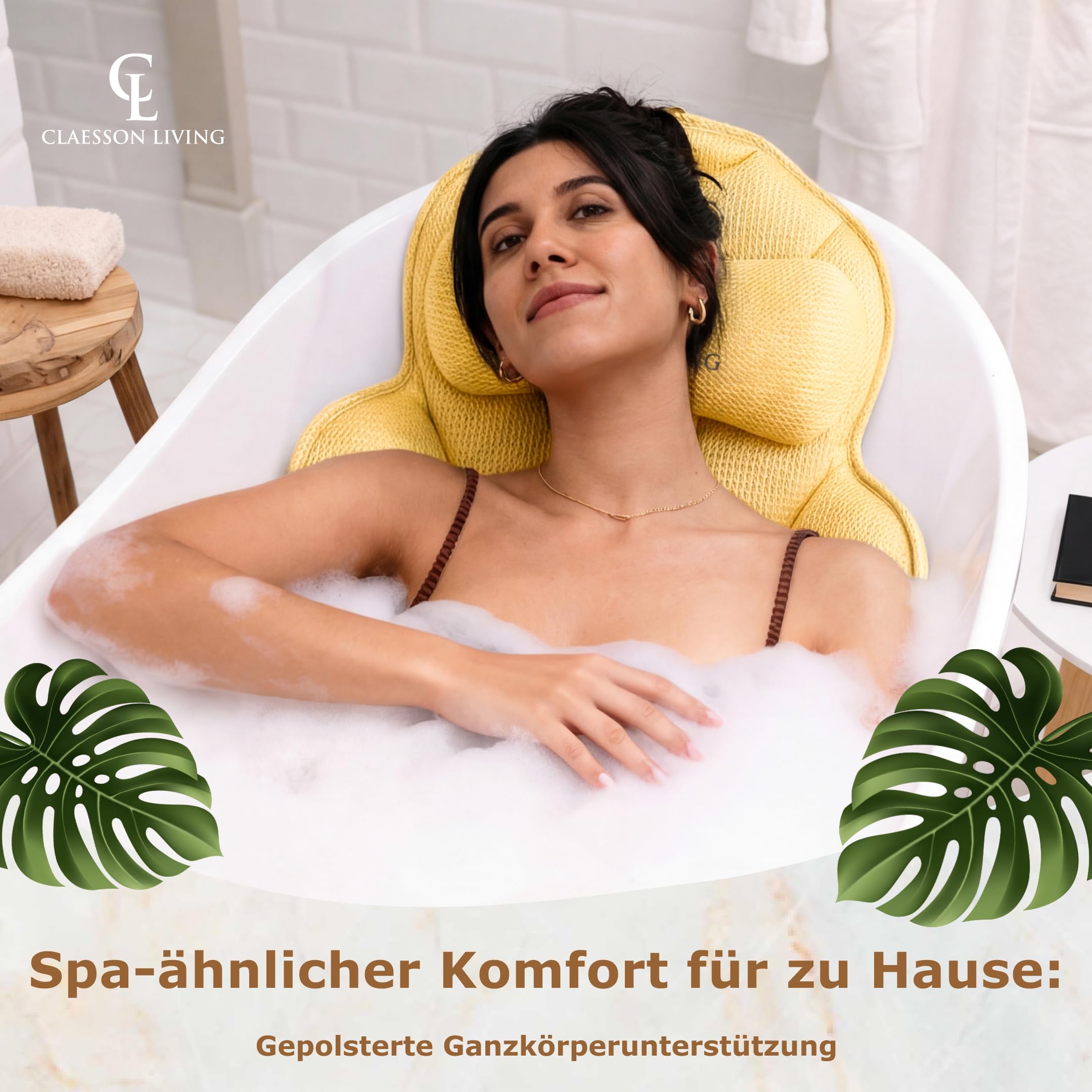 Badewannenkissen Ganzkörper Badekissen (152x56cm) - Badewannenmatte mit Kopfstütze (11cm) unterstützt Nacken, Rücken und Beine - Mit Wasch- und Reisebeutel und einem Hängehaken für Trocknen - Sand