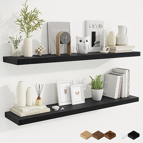 Miniatura 36 de Fun Memories Estantes flotantes para pared, estantes de pared de madera rústica de 24 pulgadas para baño, dormitorio, sala de estar, estantes Negro,
