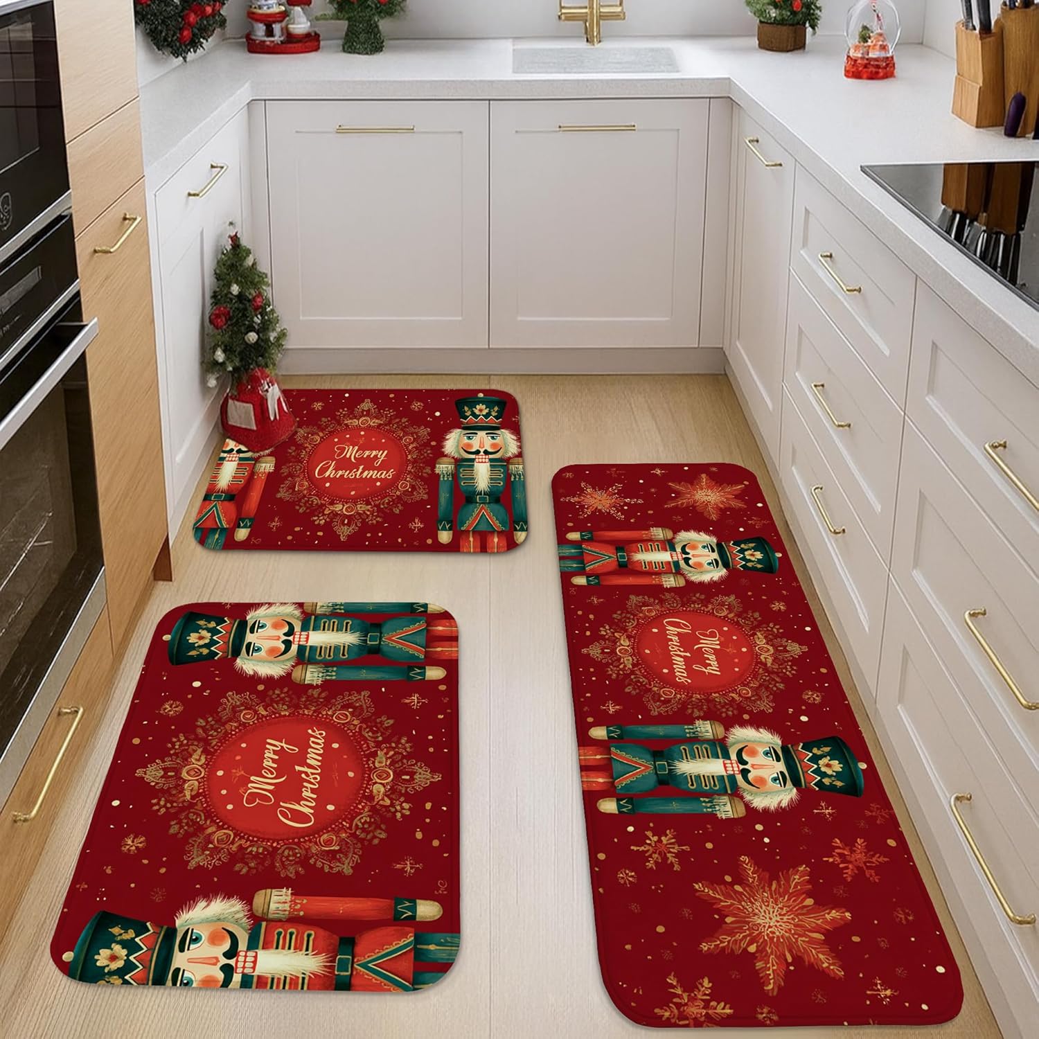 Nutcracker Kitchen Mats for Floor, Festive Holiday Design Soft Mats, Cushioned Comfort Washable Non Slip Decor Rugs for Kitchen Sinks Laundryroom Bathroom 3pcs