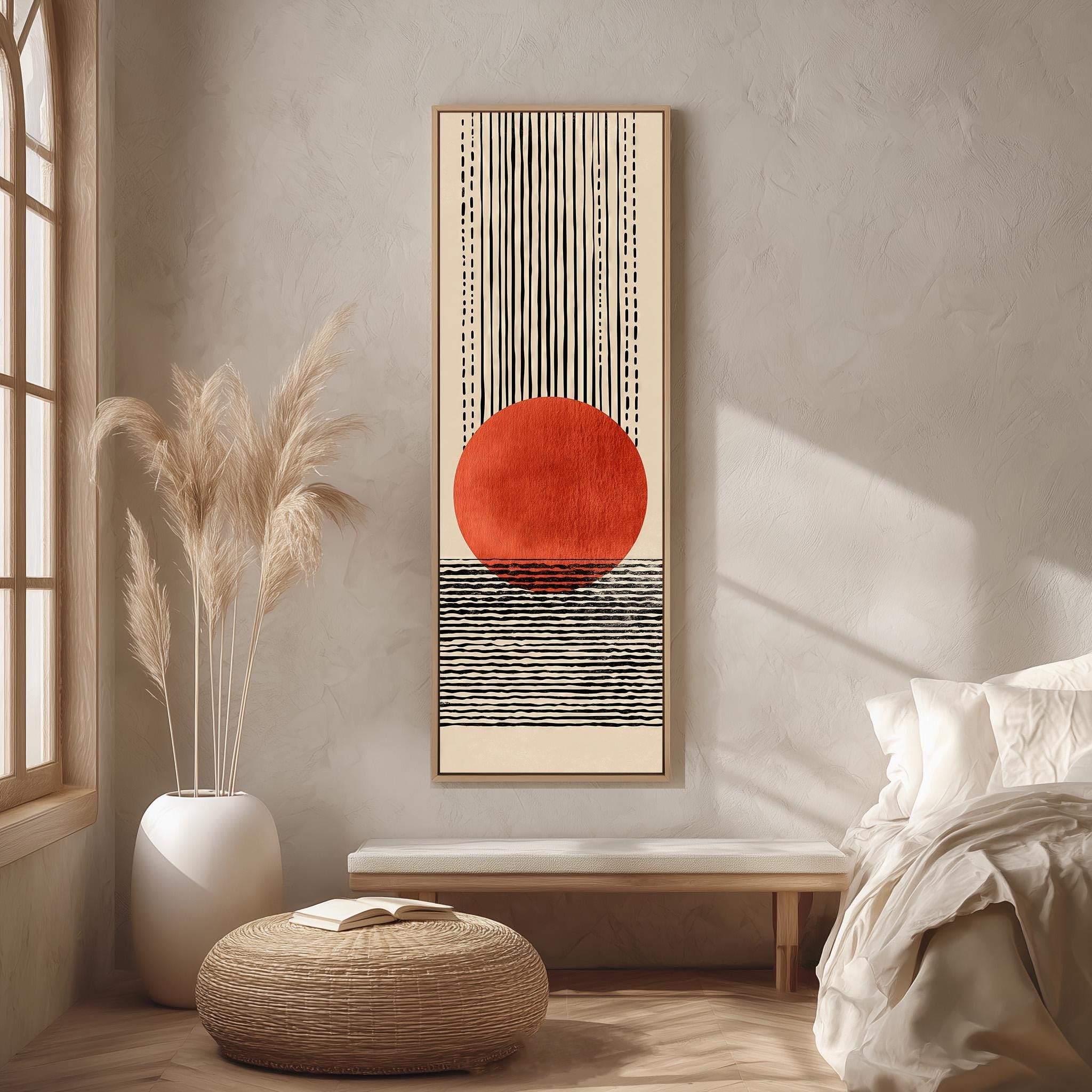 Xbtykpb Frameless Tall Skinny Boho Canvas, Long Vertical Geometric Sun Canvas Art, Narrow Mid Century Decor, Terracotta Print, Retro Wall(30X90cm/Frameless)