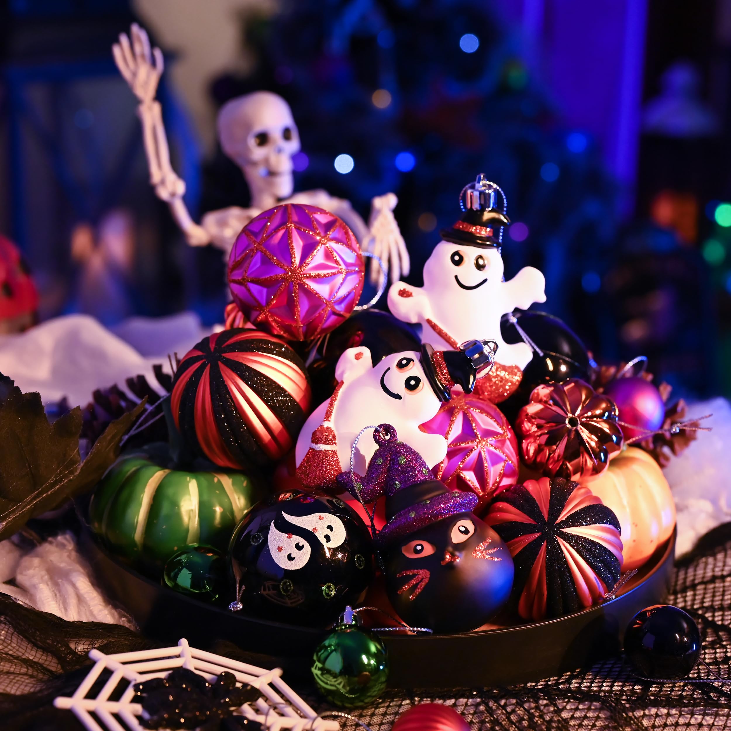 Valery Madelyn Halloween Ornaments Tree Decorations, 40ct Shatterproof Ghost Cat Jack-o'-Lantern Pumpkin Decorative Hanging Ball Ornaments Set for Small Tree, Cute Holiday Party Indoor Home Decor
