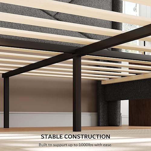 Miniatura 6 de iPormis Marco de cama tamaño completo con estación de carga, marco de cama de plataforma de lino con cabecera tapizada con respaldo alado, soporte