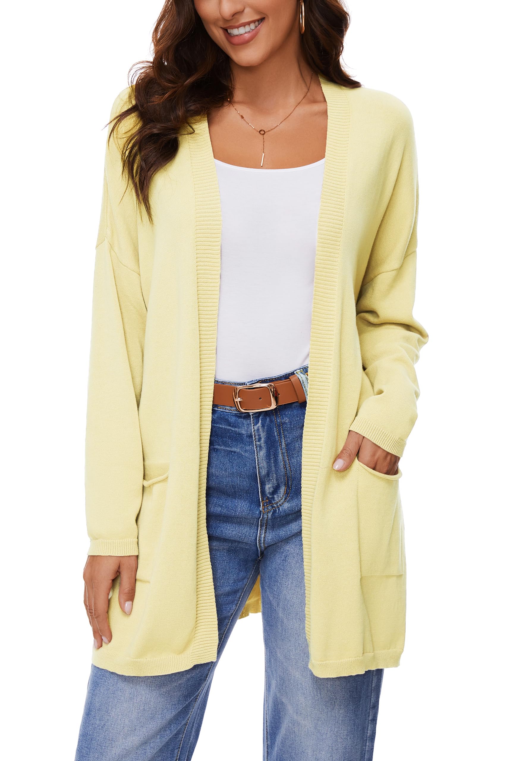 Cárdigan Abierto De Manga Larga 100% Algodón para Mujer con Bolsillos, Suéter Casual Suelto Y Ligero, Amarillo Claro, XXL
