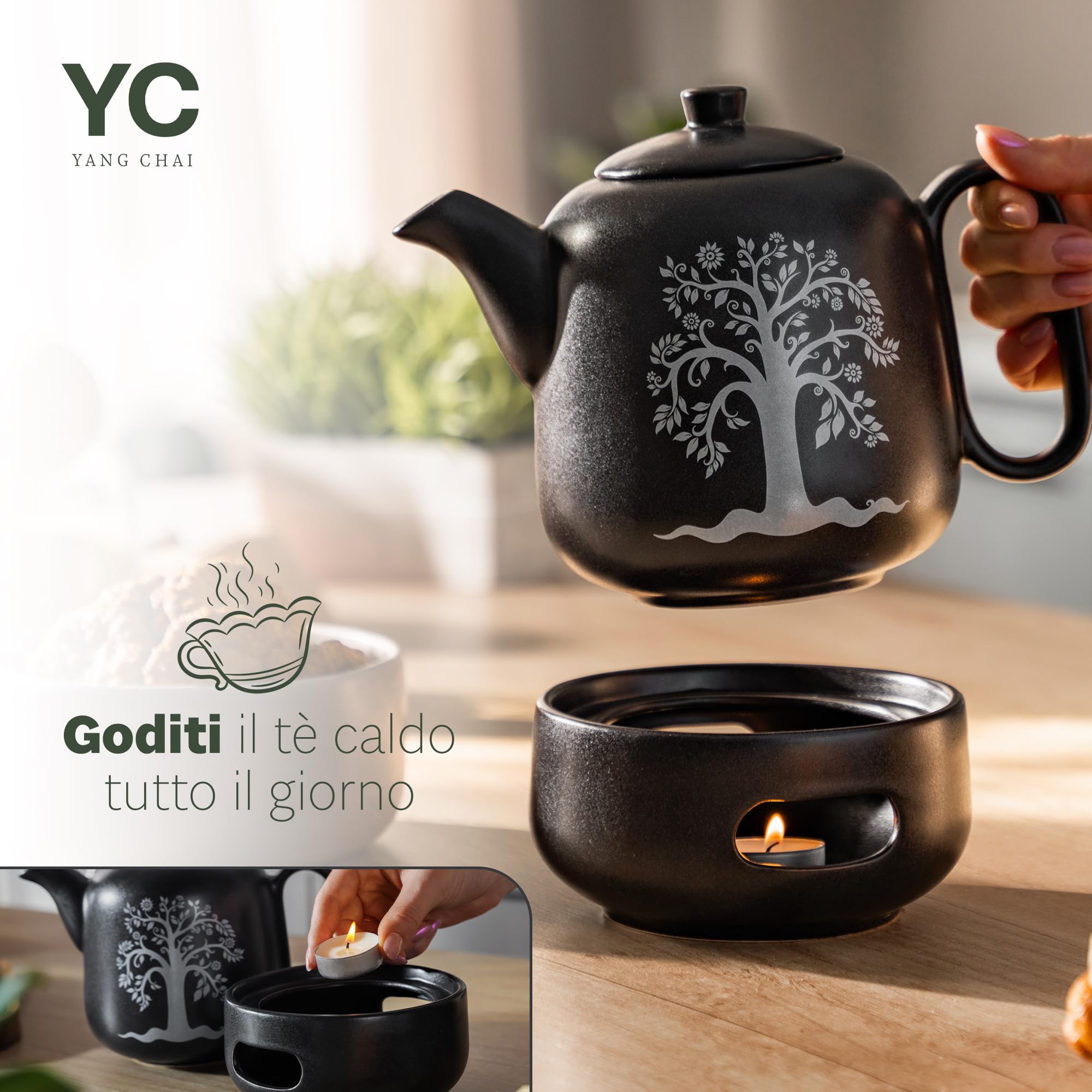 YC Yang Chai YC TREE - Teiera con fornelletto, in ceramica nera opaca, 1,3 l, teiera con filtro – antigoccia e resistente al calore – teiera in ceramica fatta a mano – calore duraturo