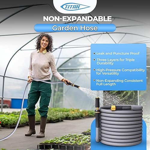 Miniatura 4 de TITAN Manguera de jardín  Manguera de agua híbrida no expandible, ligera, sin torceduras, duradera y flexible con conectores de latón resistentes y