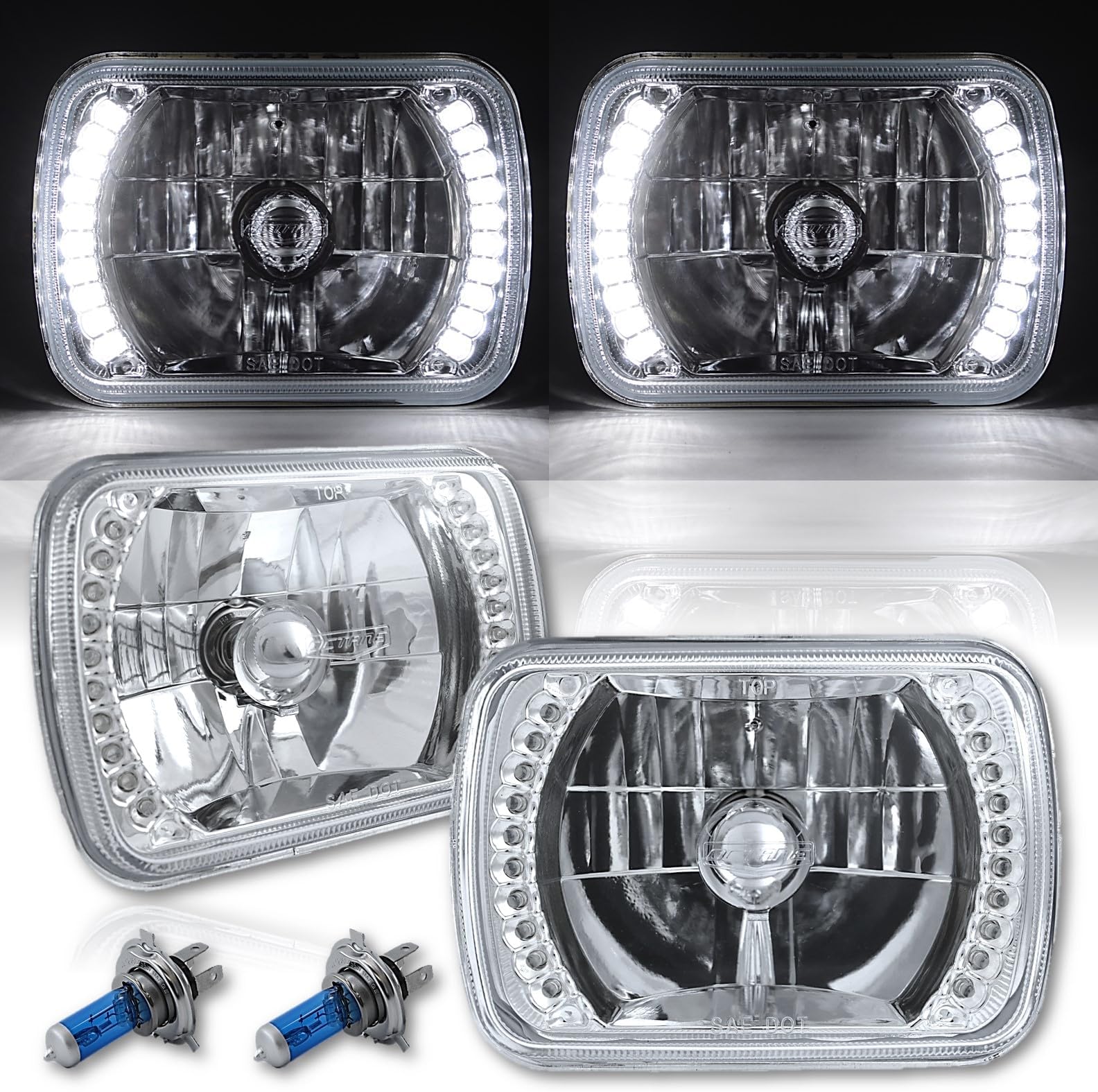 Octane Lighting 7X6 White Led Halo Halogen Crystal Clear Headlights Angel Eye Light H4 Bulbs Pr