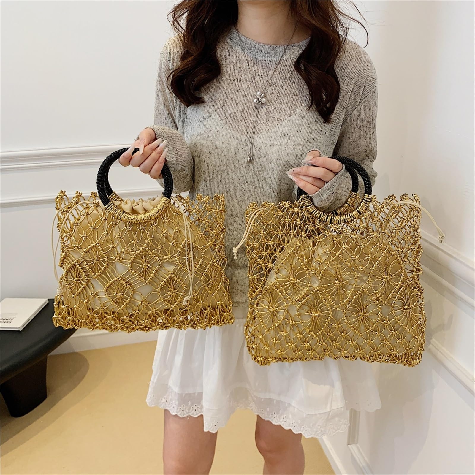 borsa donna estiva Borse da donna con manico rotondo dal design tessuto fatto a mano ecologiche superiore scavate