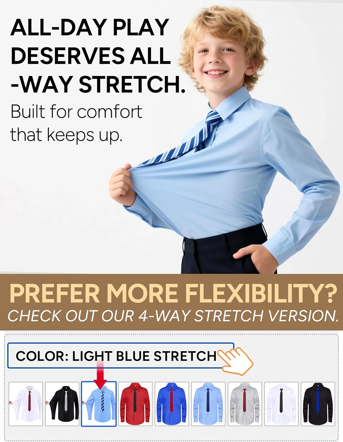 Boys Long Sleeve Button-Down Dress Shirts with Tie: 2 Fabrics (Stretch/Standard) & 2 Fits (Regular/Husky) - Image 6