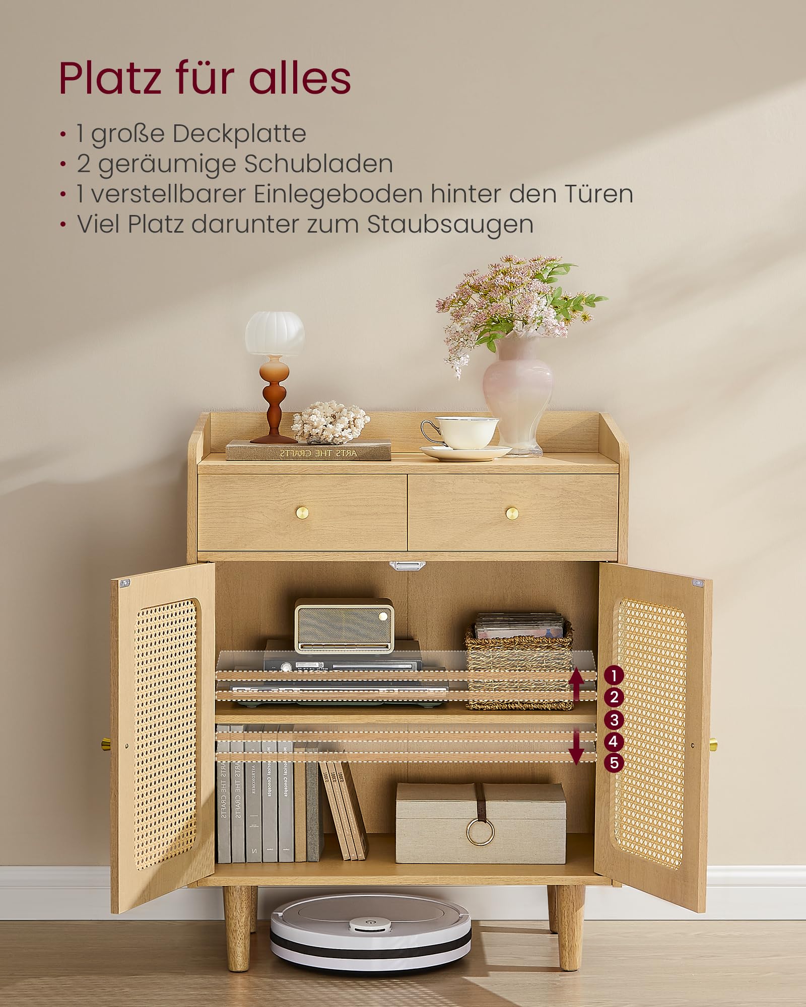 VASAGLE BOHOVEN Kollektion - Sideboard, Küchenschrank mit Türen in Rattan-Optik, Aufbewahrungsschrank mit Schubladen, verstellbare Ablage, Boho-Stil, für Esszimmer, eichenbeige