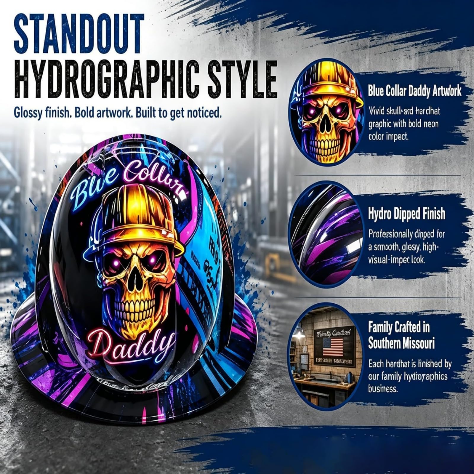 Casco da cantiere "Blue Collar Daddy" con stampa idrografica, casco da cantiere divertente, casco di sicurezza rigido con grafica a teschio, equipaggiamento da lavoro resistente agli urti