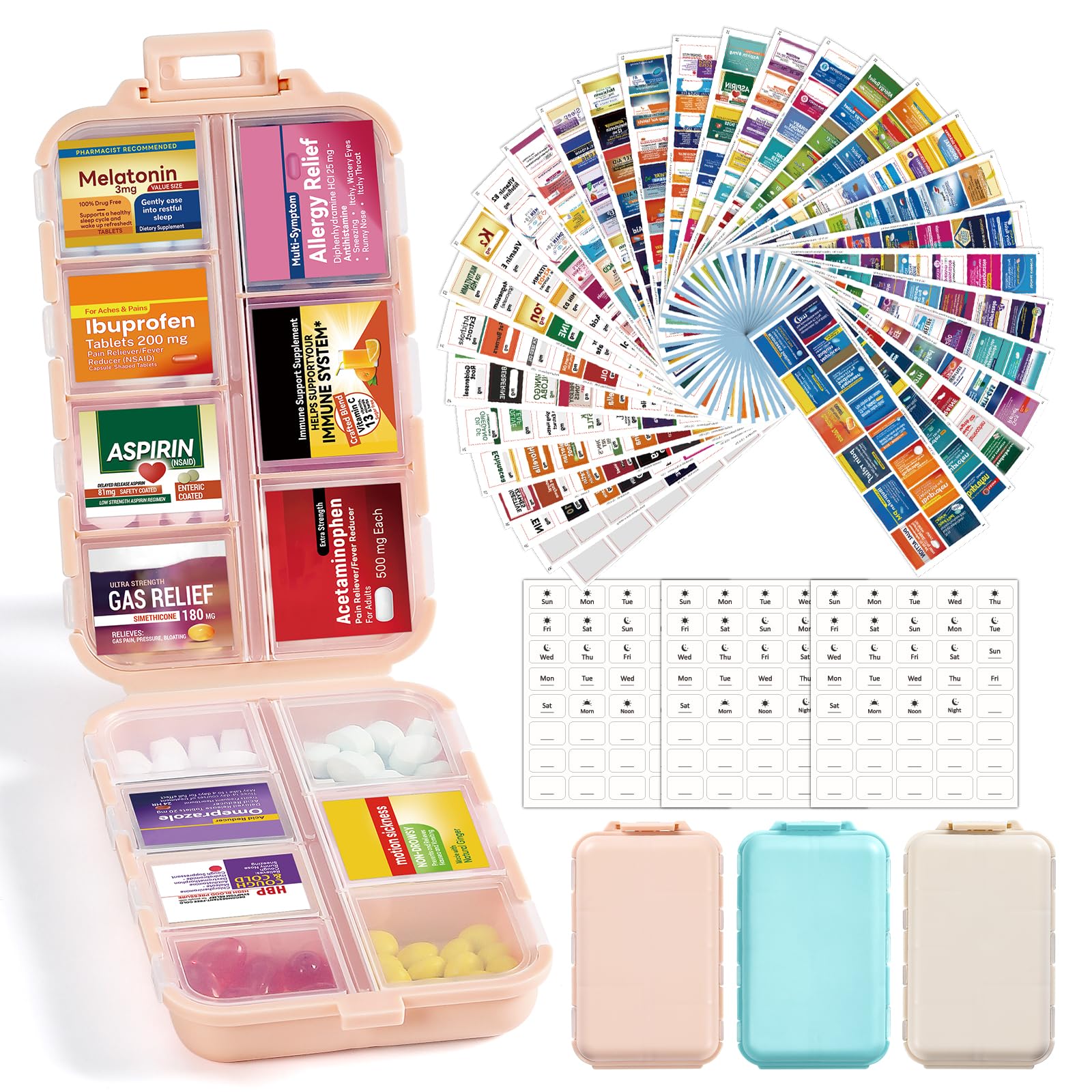 3 Pack 14 Grids Travel Pill Organizer Box with 415-Pcs Medicine Name Labels - Pocket Daily Pharmacy Case Container Kit - Travel Medication Holder Dispenser for Fish Oil Vitamin, Khaki+Pink+Sky Blue