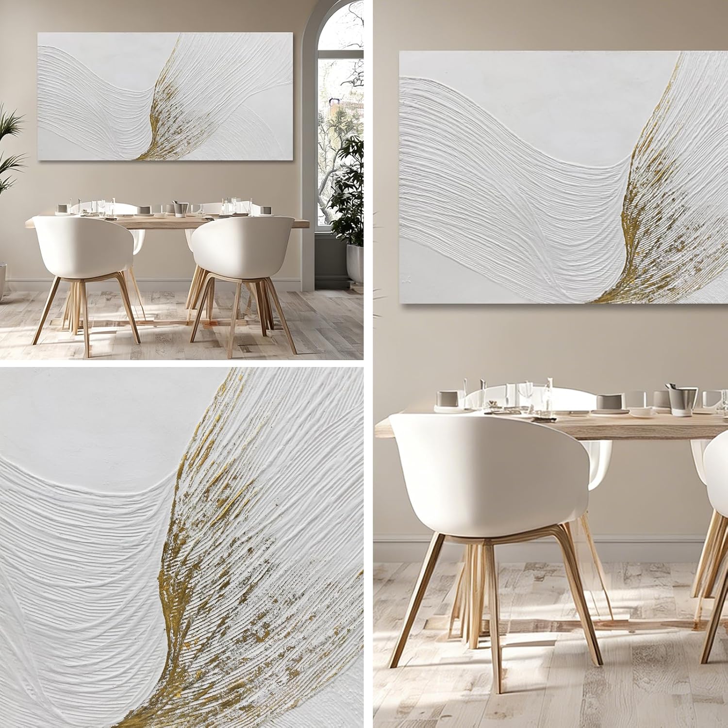 Hue7Art Modern Minimalist White and Gold Textured Canvas Wall Art Abstract Line Artwork Hand Painting for Living Room Bedroom Office Neutral Home Decor 24x48 Inch