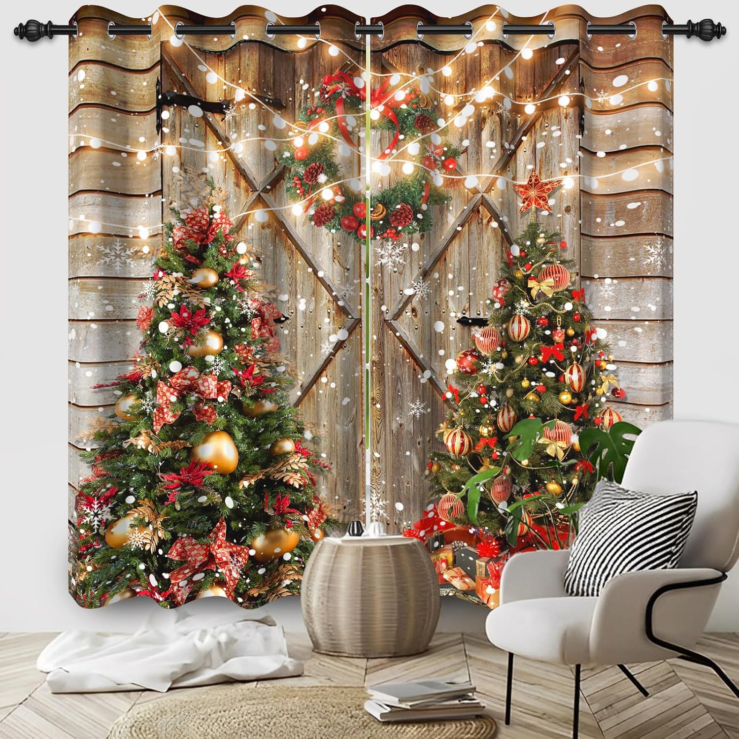Merry Christmas Window Curtains for New Year Decor Vintage Barn Door Xmas Trees Wreath Blackout Curtain Kids Nursery Bedroom Home Decor Curtain Set of 2 Panels, 21x45 Inch