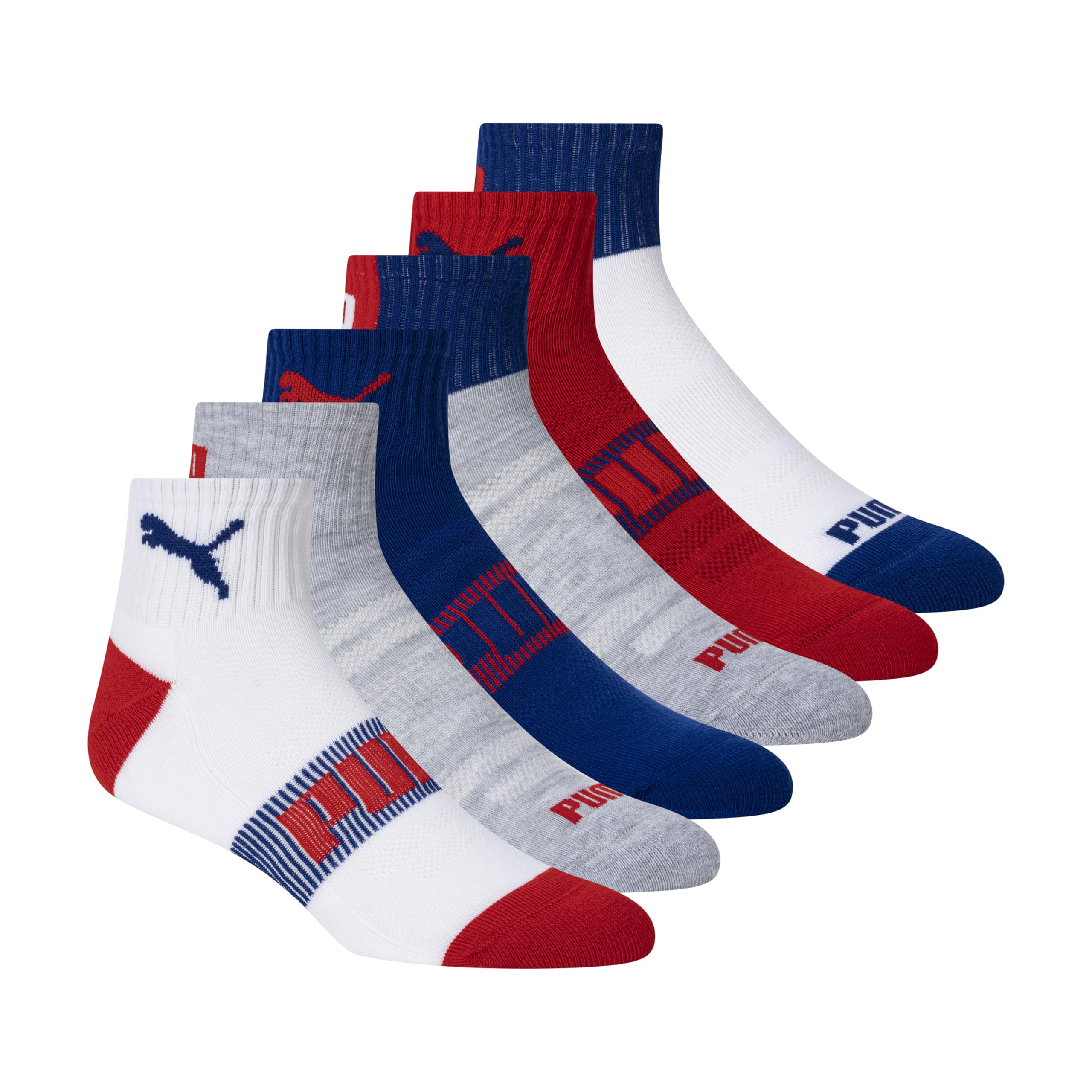 PUMA 6-Pack Soccer 2026 Quarter Crew Socks, Blue/Red/White, 10-13