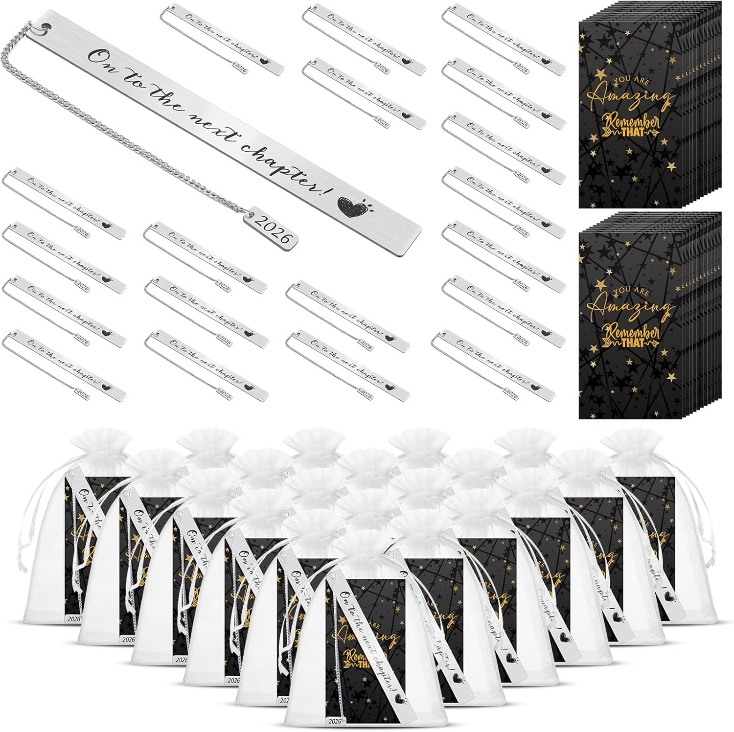 Kosiz 24 Set Class of 2026 Graduation Gifts on to The Next Chapter Metal Bookmarks with Chain You are Amazing Cards Organza Bags End of The Year Gifts for Teachers Students Book Lovers Accessories