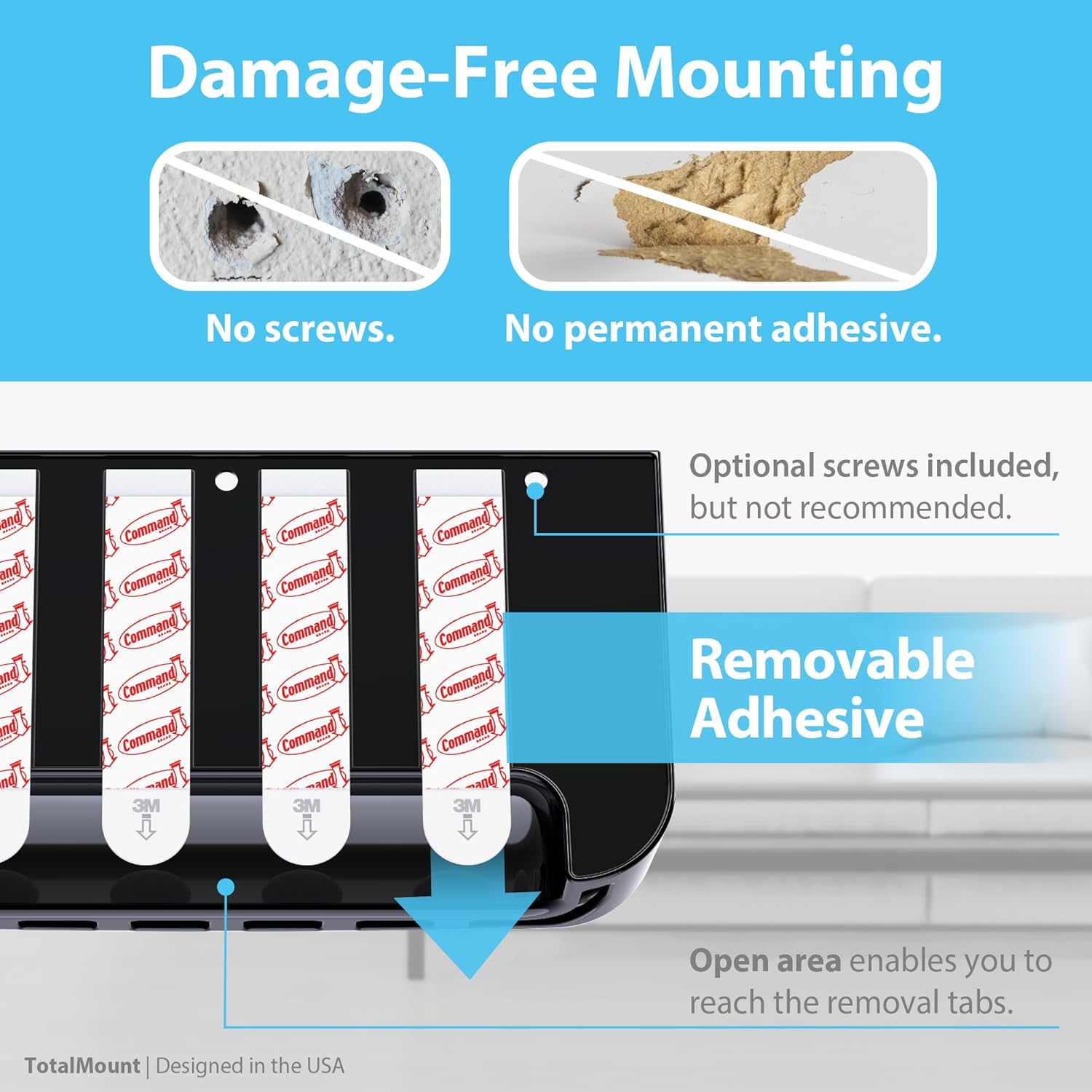 TotalMount Hole-Free Remote Holder – Eliminates Need to Drill Holes in Your Wall (Premium Black Holder for 3 or 4 Remotes)