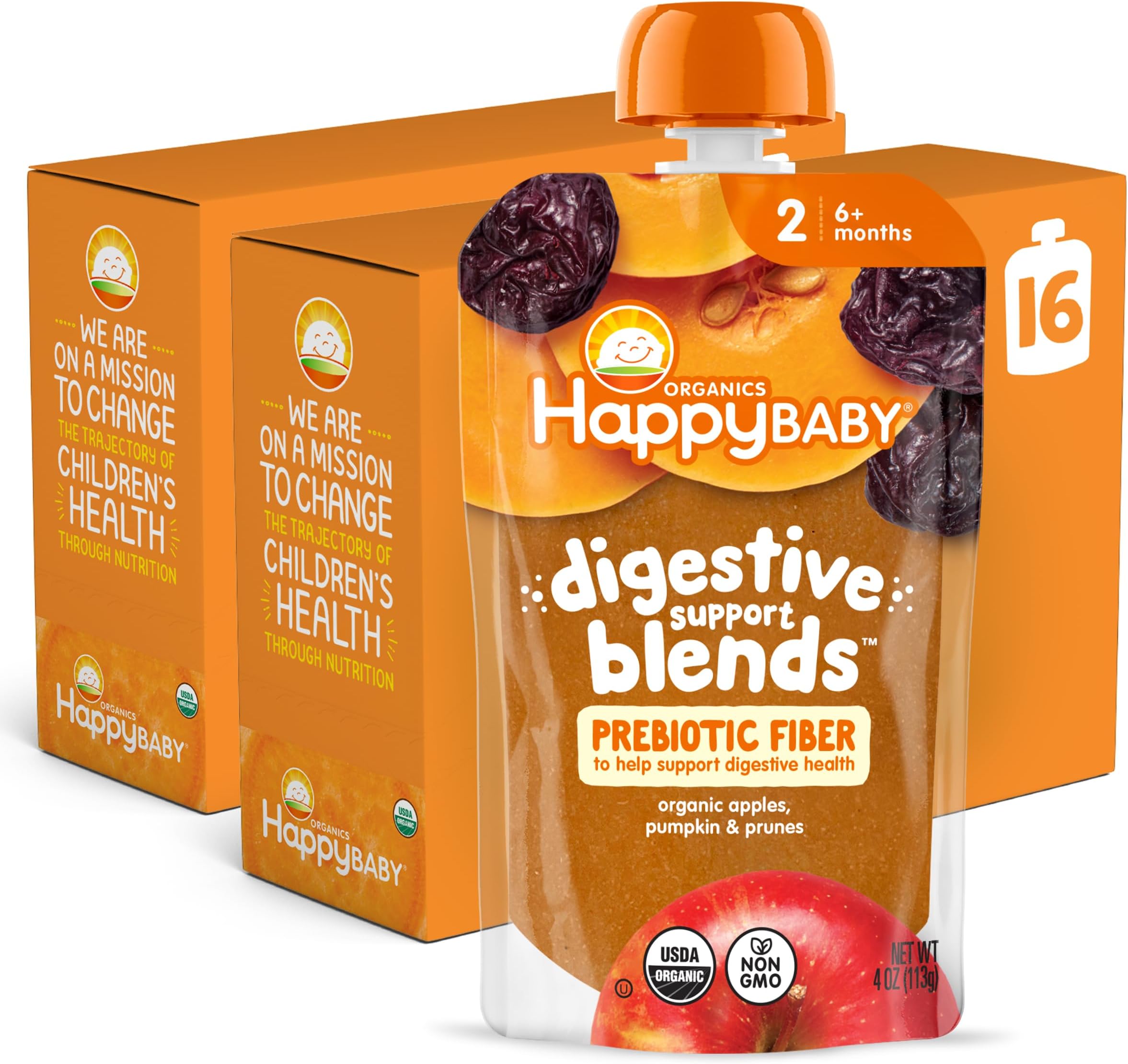 Digestive Support Blends, Organic Stage 2 Baby Food with Prebiotic Fiber, Apple, Pumpkin & Prune, 4 Ounce Pouch (Pack of 16)