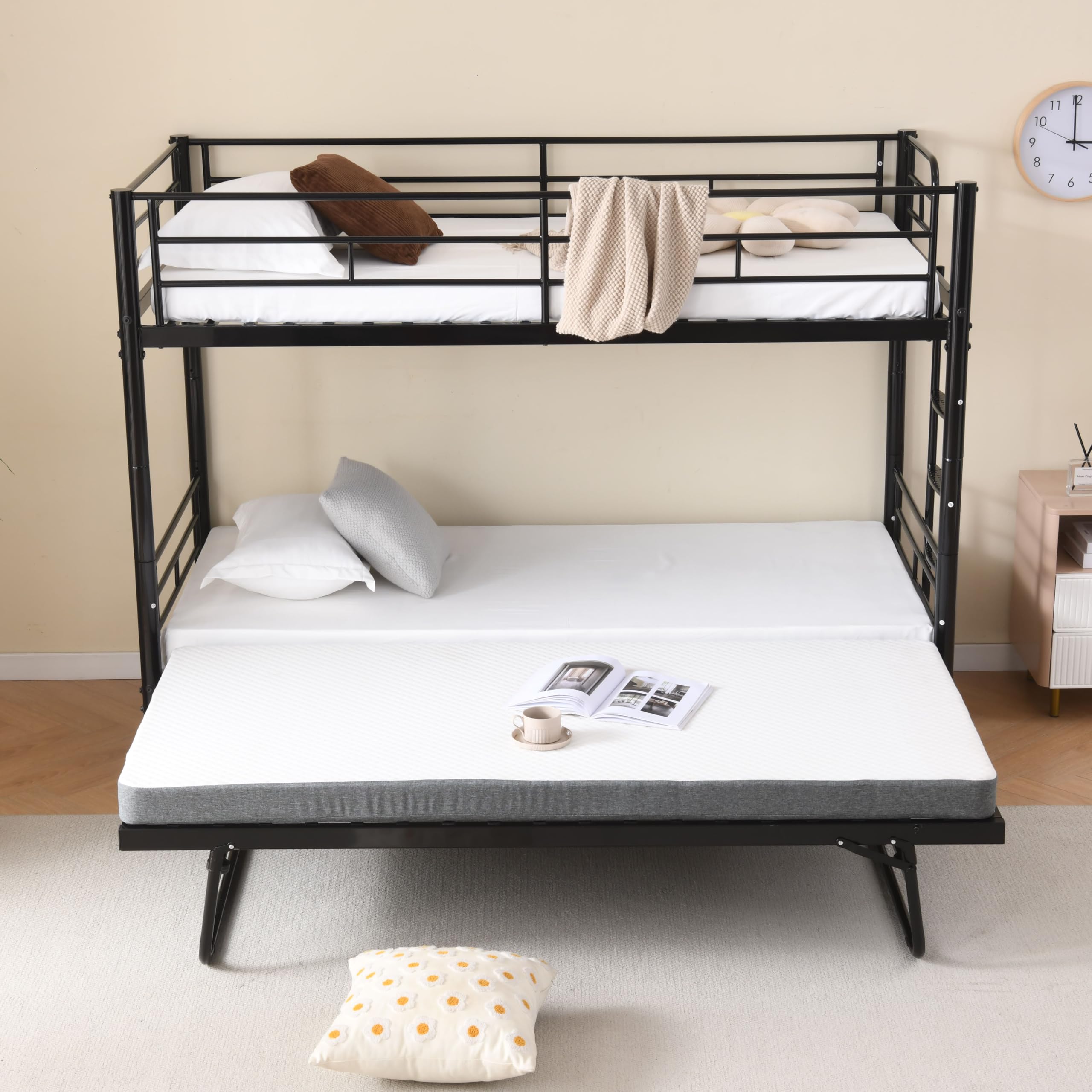 letto a castello 90x200 protezioni perimetrali con telaio in acciaio letto in metallo doghe incluse con terza superficie pieghevole ed estraibile letto singolo scala antiscivolo camera