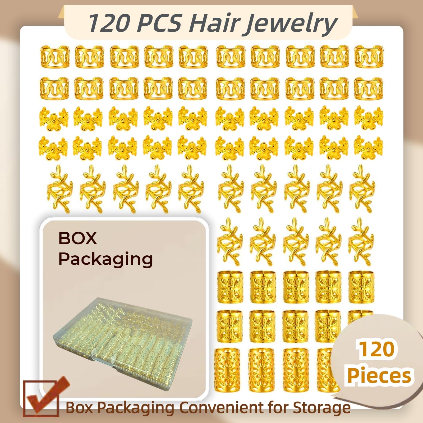 Kit de 120 piezas de joyería dorada para el cabello para trenzas y rastas, 5 estilos de pinzas para el cabello, anillos y accesorios, decoraciones de trenzas Loc Jewels para mujer 4