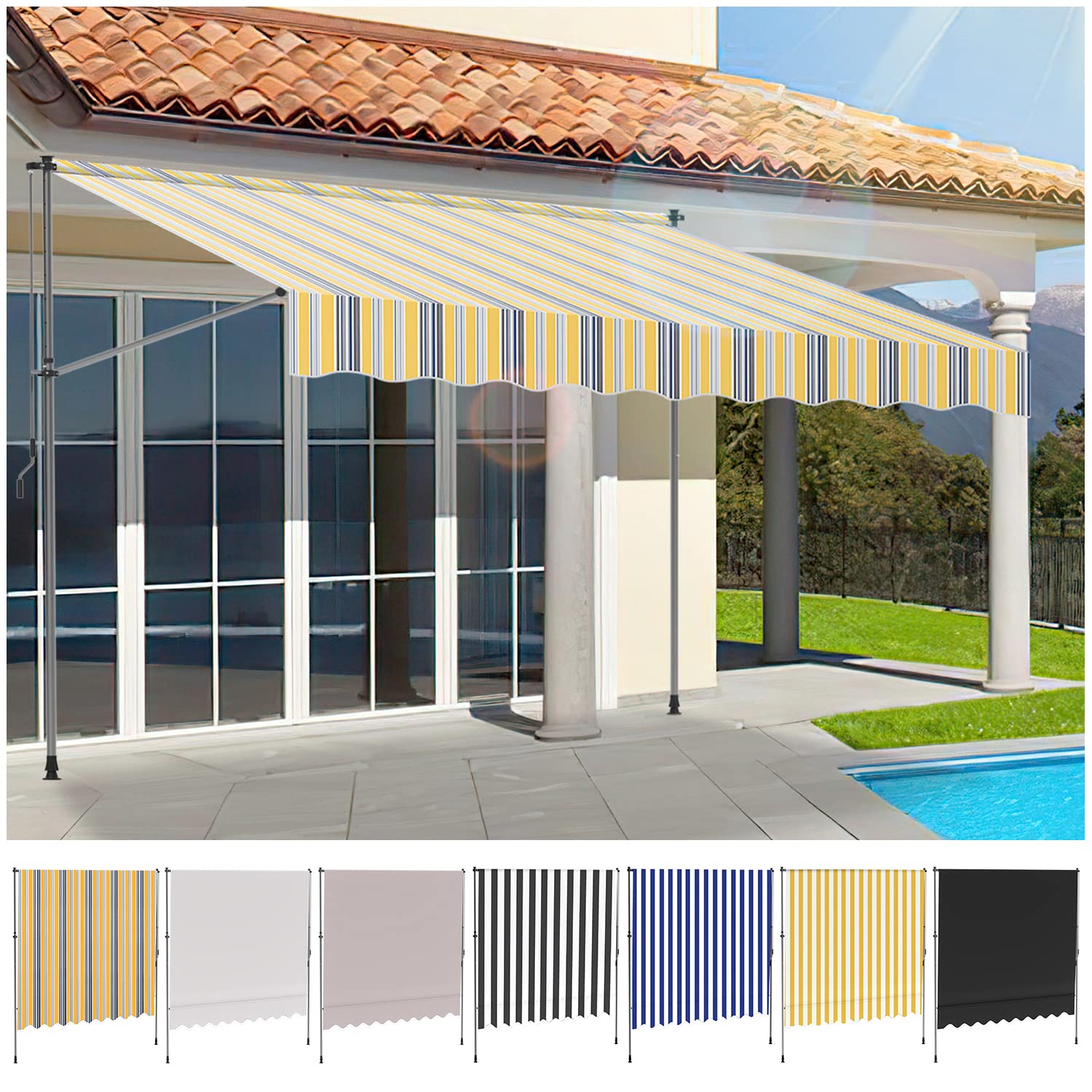 Ikodm Klemmmarkise mit Handkurbel 350cm Gelb Blau Balkonmarkise ohne Bohren, UV-beständig 50+ höhenverstellbar Sonnenschutz wasserabweisend, einfache Montage