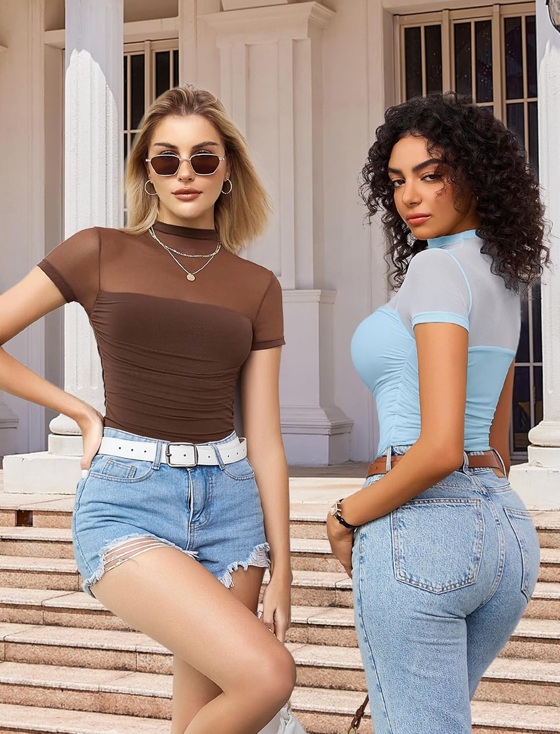 Avidlove Women's Short Sleeve Bodysuit Turtle Neck Body Suits Mesh One Piece Leotard Going Out Tops Date Outfits - Image 5