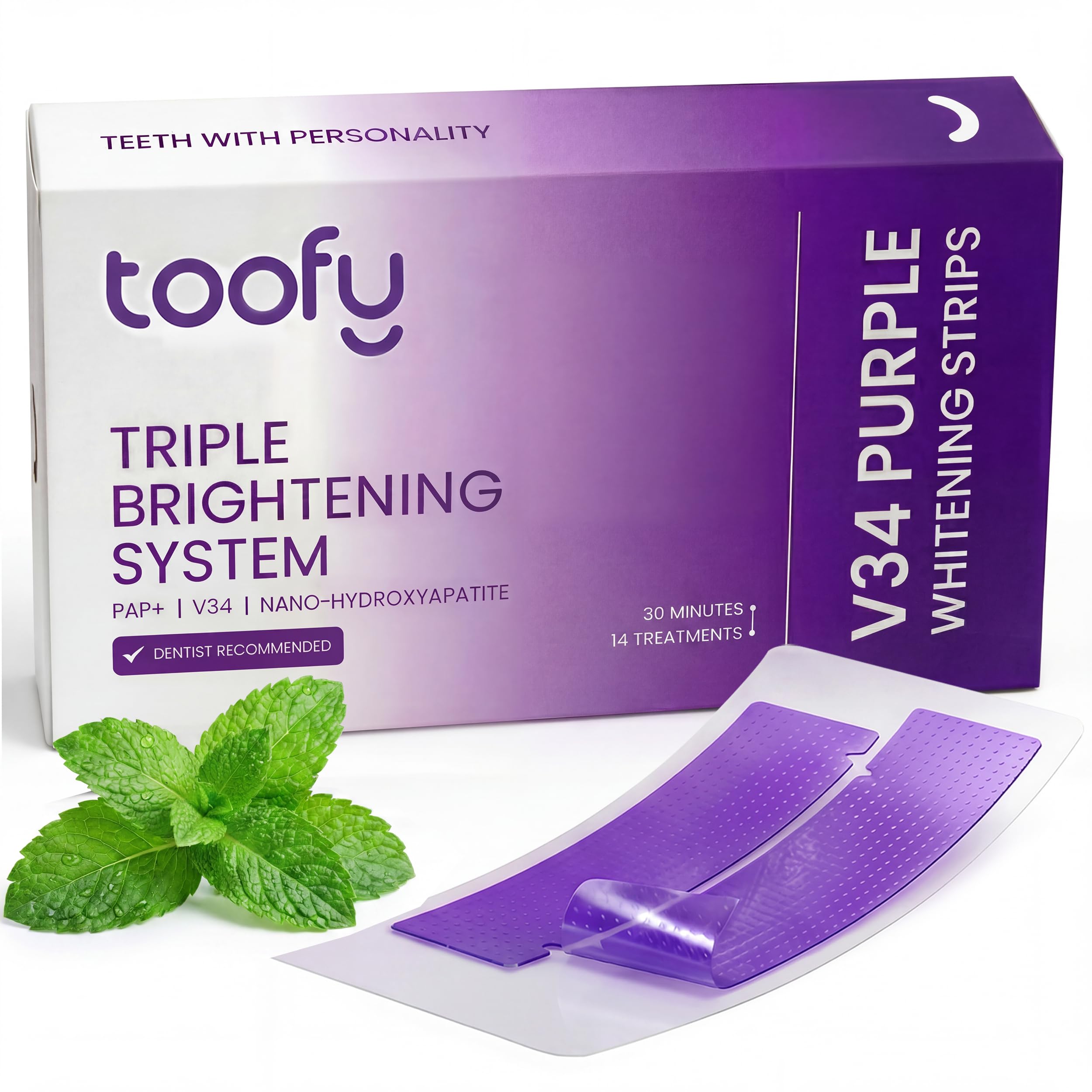 Toofy Purple Teeth Whitening Strips | V34 Color Correcting, Pap Formula, Nano-Hydroxyapatite | Peroxide Free, No Sensitivity | Enamel Repair | Sensitive Teeth | 14 Days, 28 Strips | Mint