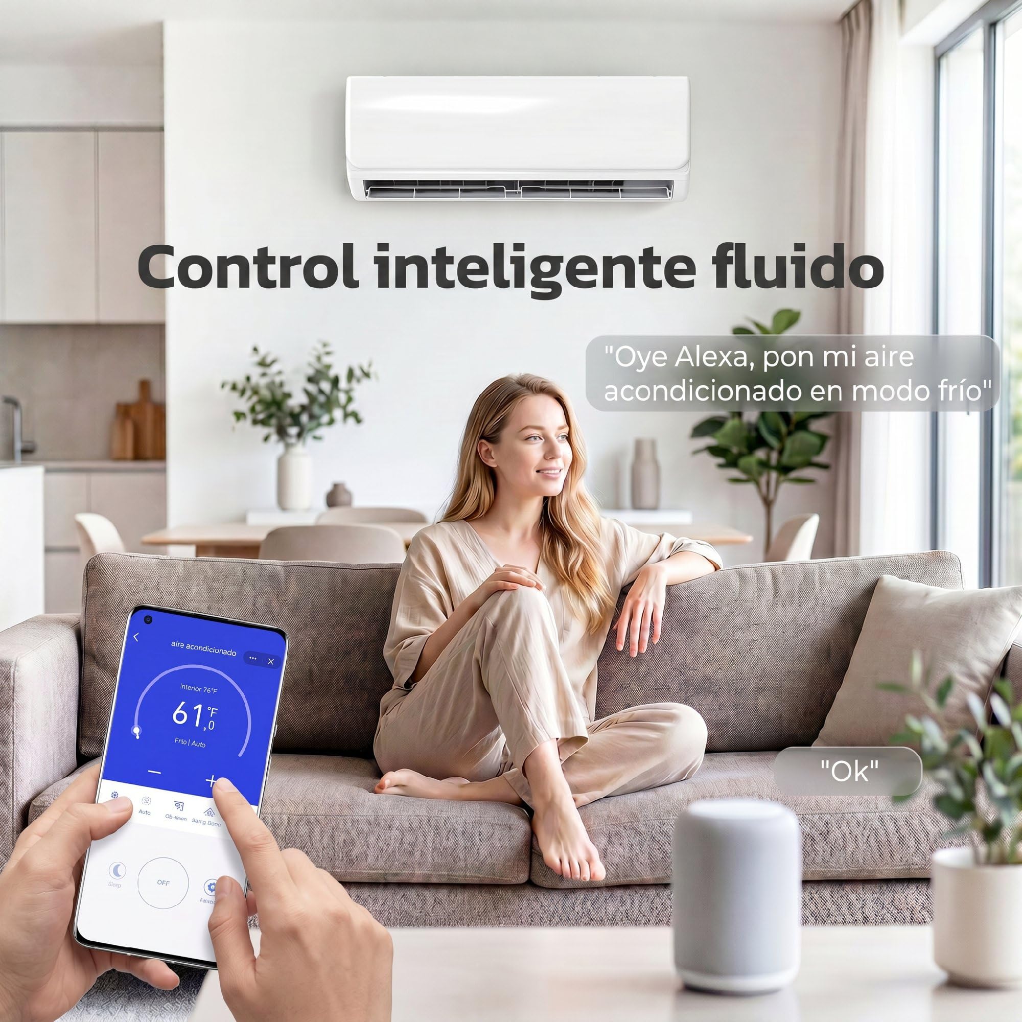 HOMCOM Aire Acondicionado Split 12000 BTU, Bomba de Calor, Aire Acondicionado Inverter, Clase A++, WiFi y Control por Voz, hasta 18 m², Pantalla LED, Mando a Distancia