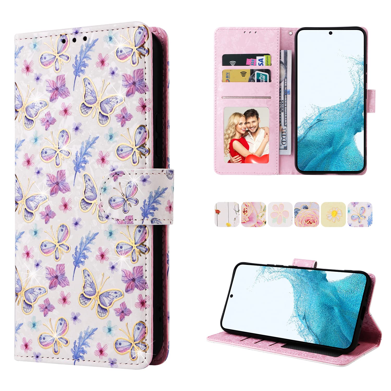 UEEBAI Wallet Case for Samsung Galaxy A54 5G, PU Leather Phone Case Kickstand RFID Blocking Flip Case Card Slots Wrist Strap Relief Engraved Pattern