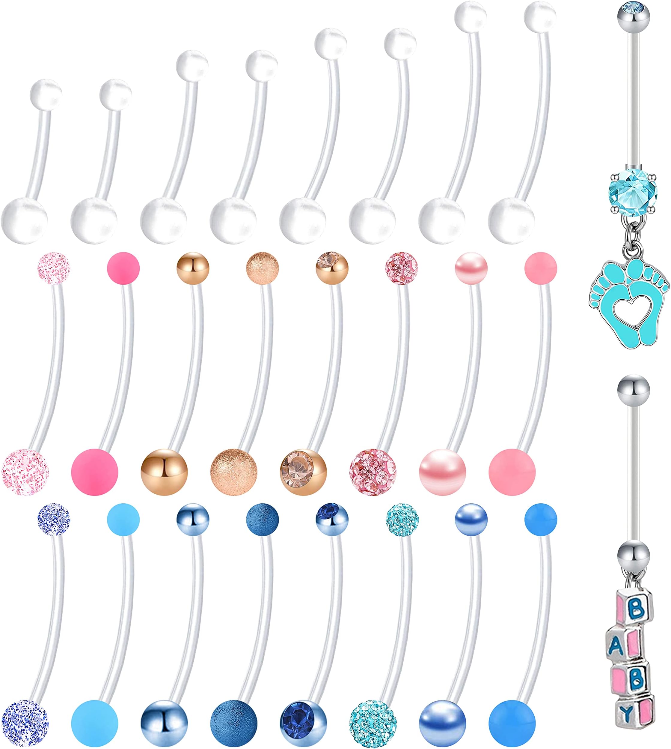 EVELICAL26Pcs Pregnancy Belly Button Rings Long Bar Maternity Flexible Bioplast CZ Clear Navel Rings Sport Belly Piercing Retainer Body Jewelry