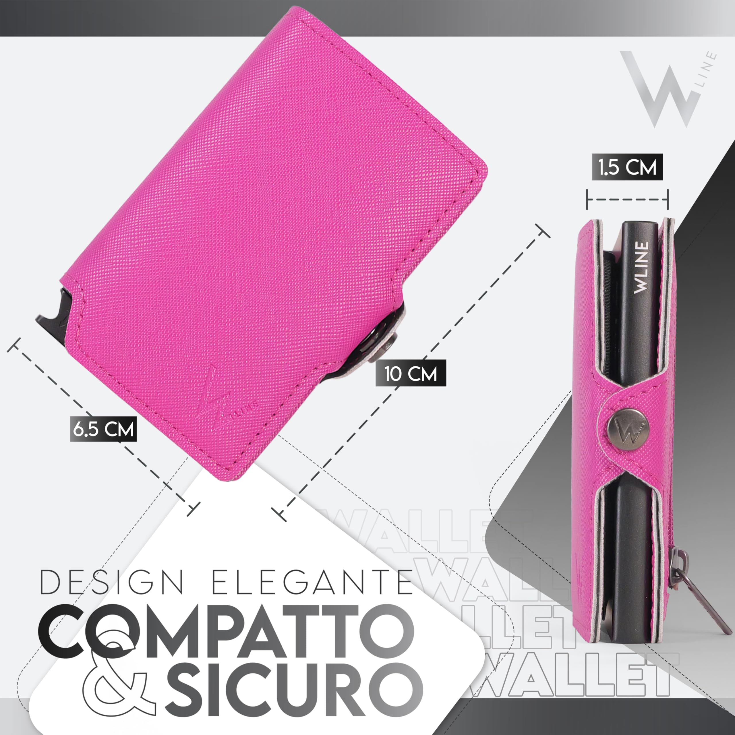WLine Portafoglio Donna Piccolo con Portamonete Rfid Compatto ed Elegante - Porta Carte di Credito Donna e Uomo Schermato in Pelle PU - Portatessere Tascabile (Fucsia e Nero Saffiano, Con Zip)