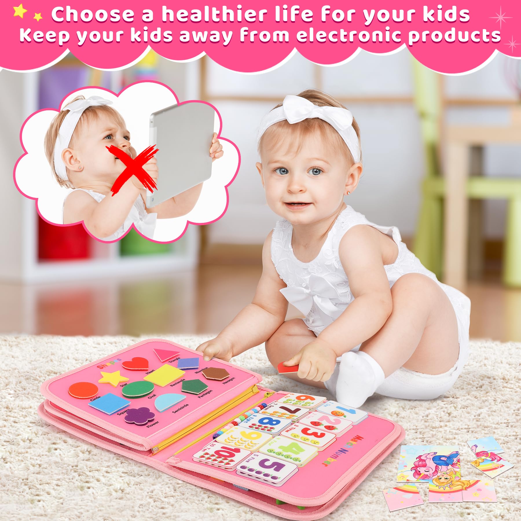 Gontence Busy Board per Bambini | Giochi Montessori per 2 3 4 5 Anni Tavola Sensoriali per Giocattoli attività Giocattolo Educativo per Apprendere Le Abilità di Base della Vita Unicorno, Rosa