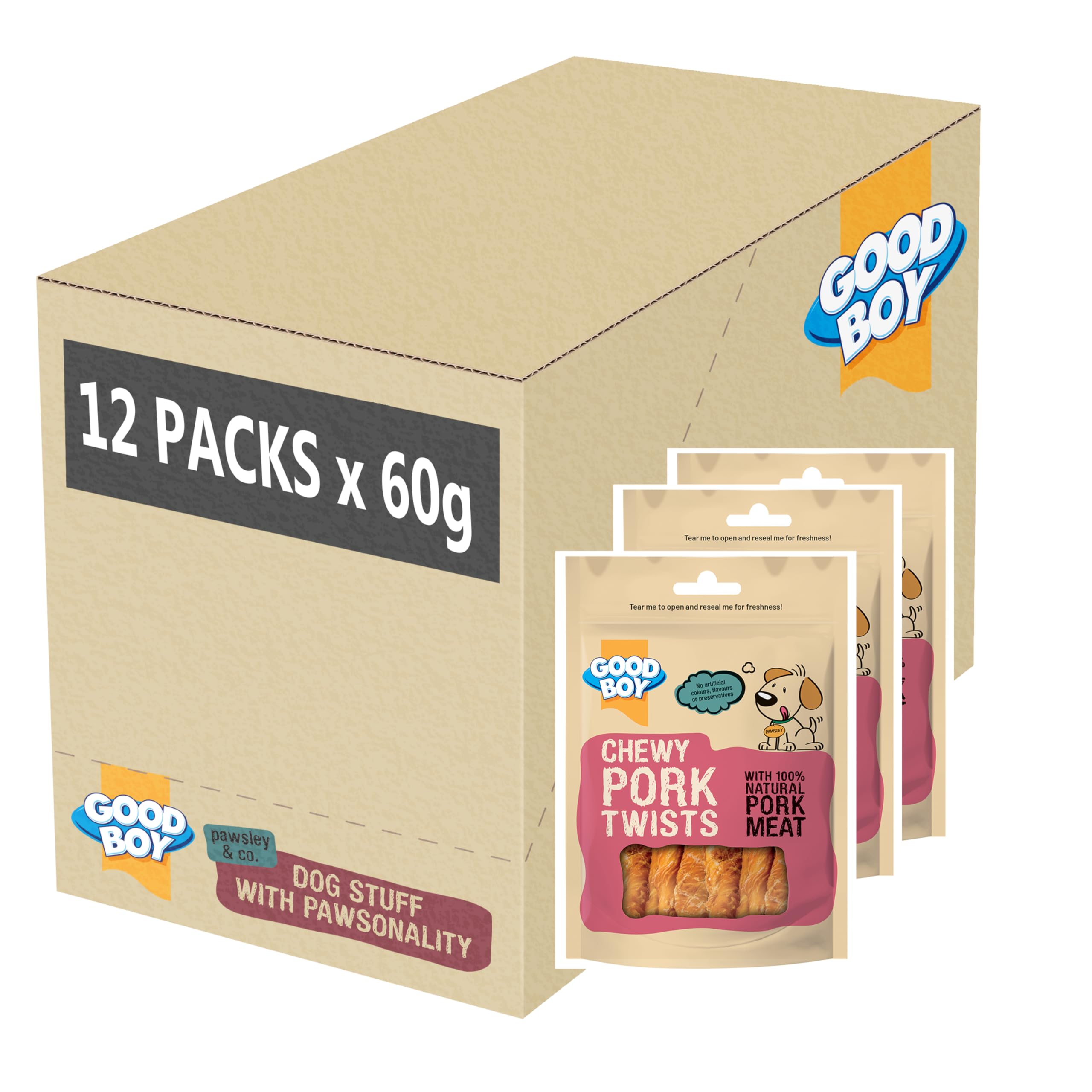 Good Boy Pork Twists - Natural Dog Treats - Low Fat and High Protein - Bulk Box - 12 x 60g
