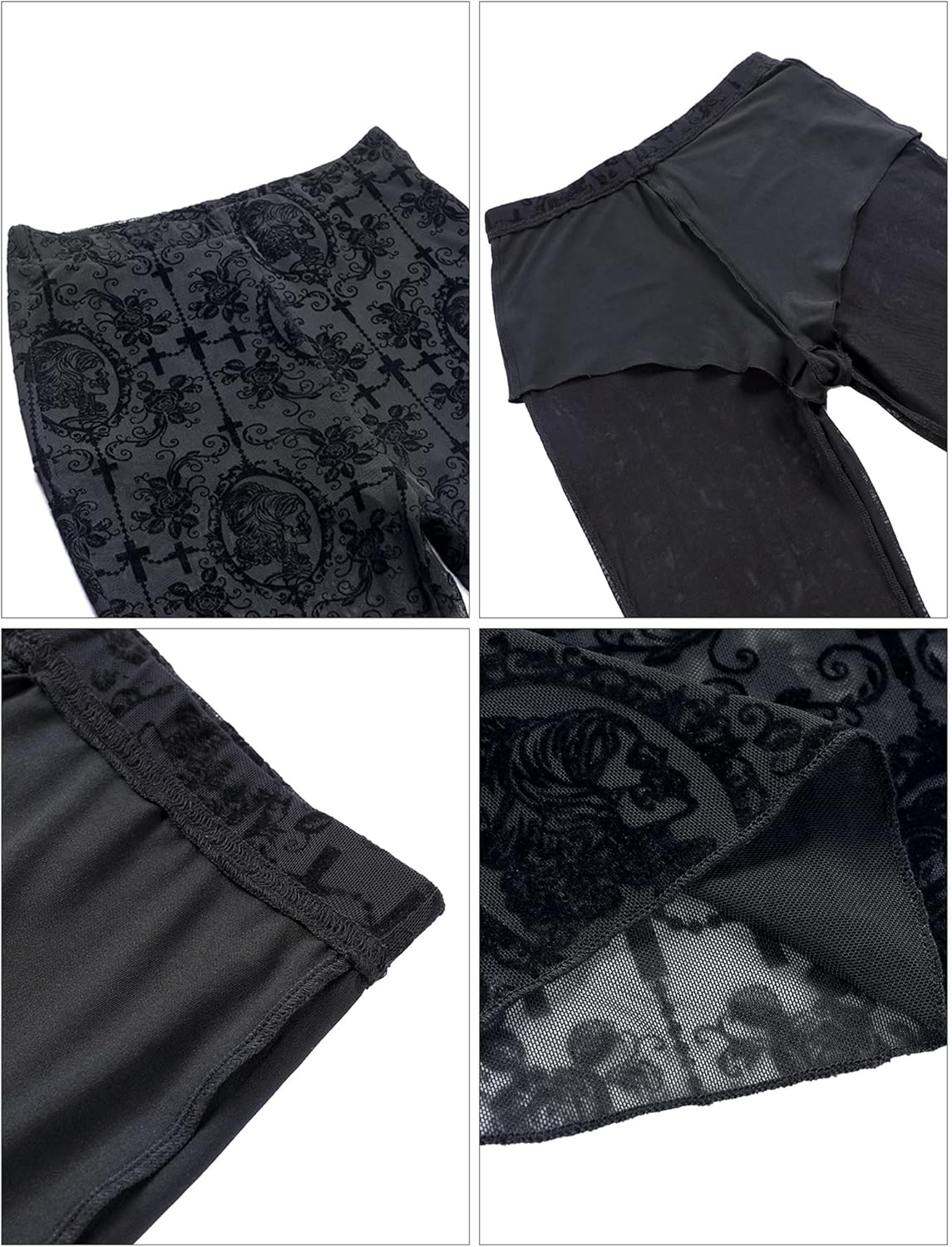 FEOYA Gothic Black Lace Flare Pants for Women Elastic Waist Victorian Bell Bottoms Mesh Punk Disco Pant - Image 5