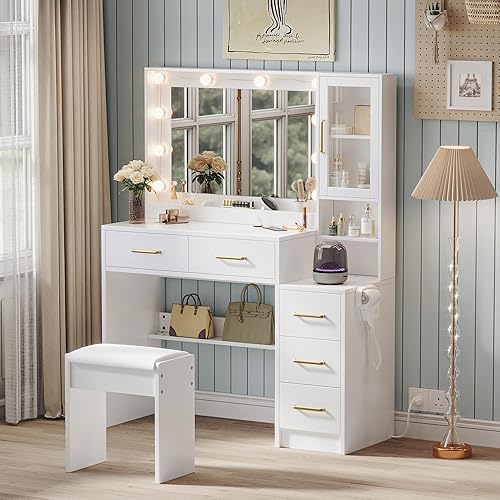Miniatura 7 de Escritorio de maquillaje de 35.4 pulgadas con estación de carga, tocador de maquillaje blanco con espejo y luces, 3 modos de iluminación de brillo