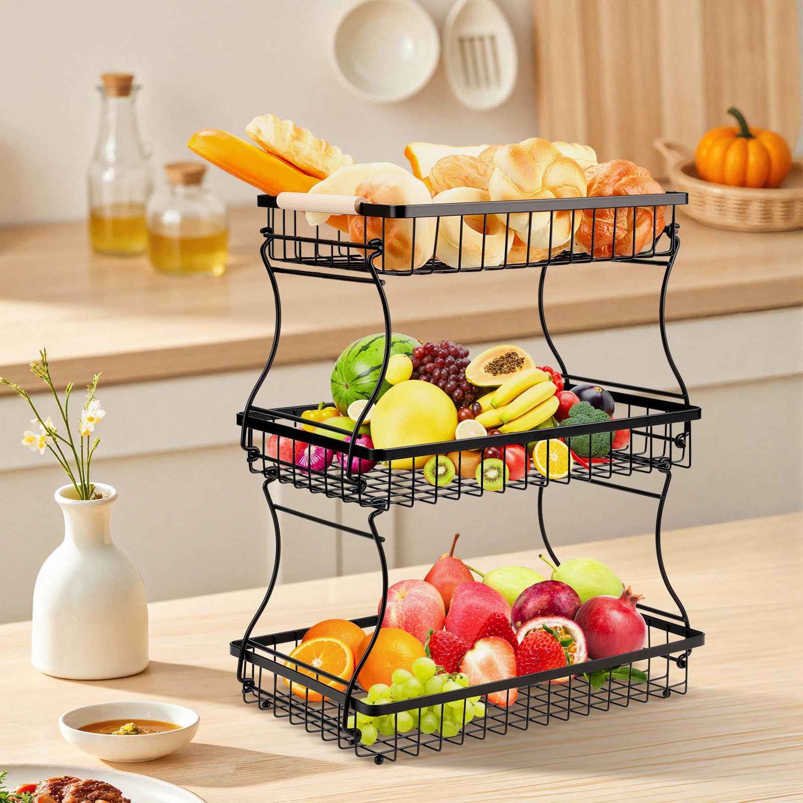 VINATO Frutero de 3 Niveles de Metal – Organizador Moderno con Asas de Madera, para Cocina, Baño & Más – Ideal para Frutas, Verduras & Almacenamiento, Negro