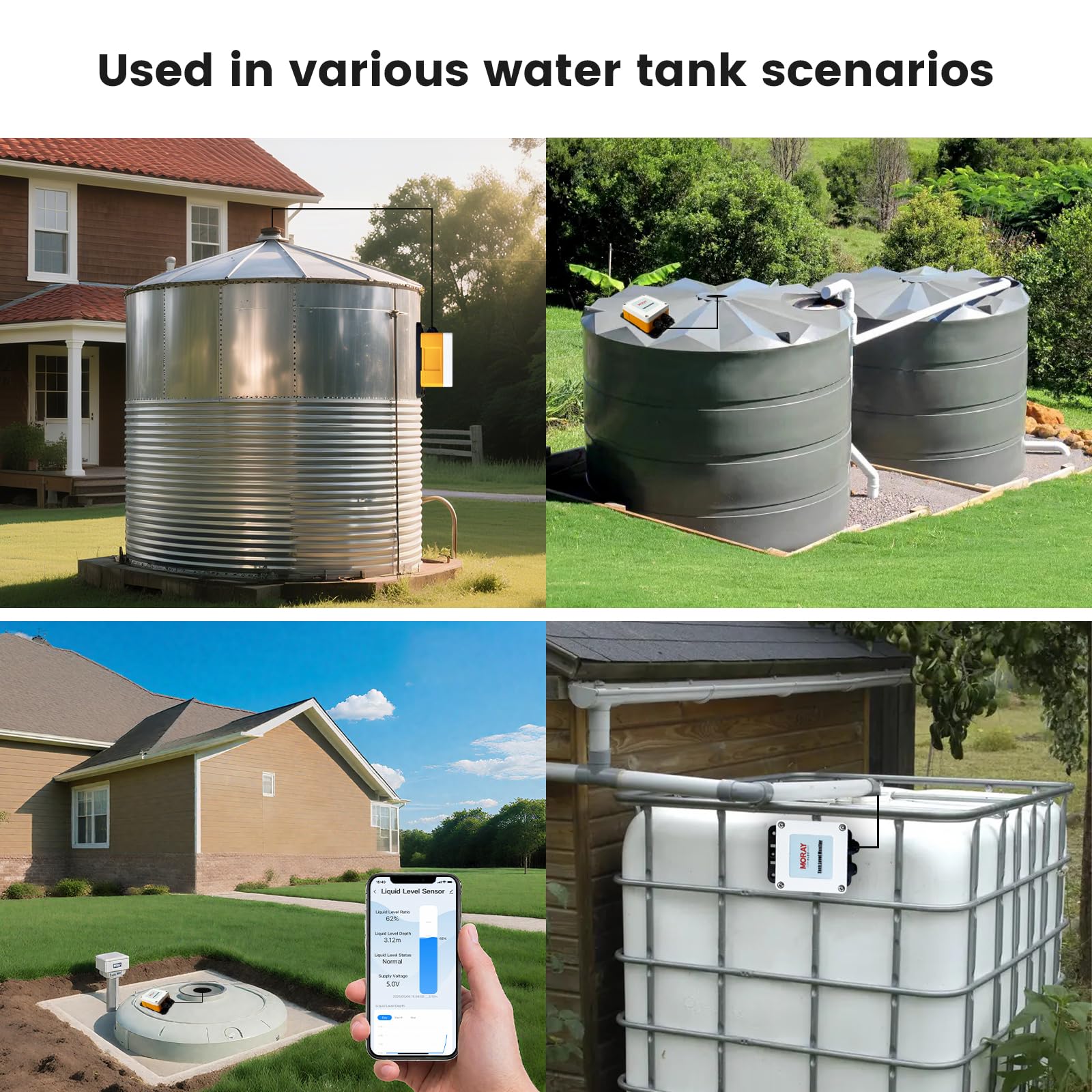 Moray Smart WiFi Wasserstandssensor Wassertank Füllstandsmesser Wasserstandssender LCD-Bildschirm Automatische Alarmanzeige für Tuya Mobile APPSolar Gateway Smart Home Fernbedienung IP67 Wasserdicht