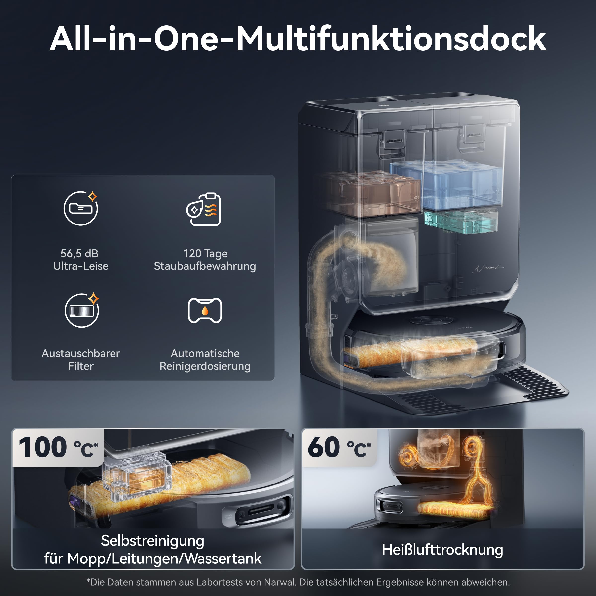 NARWAL Flow 2 Saug- und Wischroboter mit All-in-One-Station, FlowWash-Wischsystem mit 60 °C Heißwasser, 31.000 Pa Saugkraft, CarpetFocus™-Technologie, 100 °C Moppwäsche und 60 °C Heißlufttrocknung