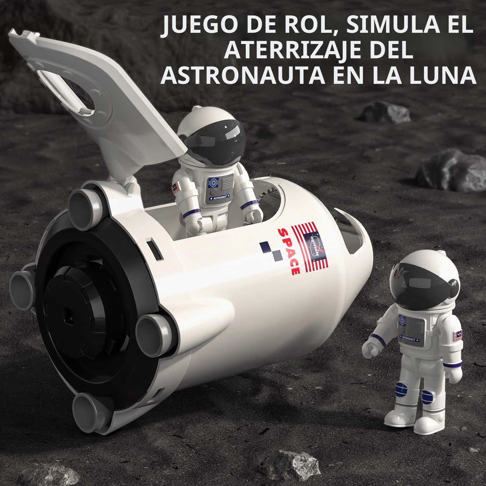 TEMI Juguete de cohete espacial para 3, 4, 5, 6, 7, 8, 9 años, juguete educativo de ciencia, 5 en 1, con 2 astronautas, lámpara de proyección, juguete espacial, regalo para niños y niñas