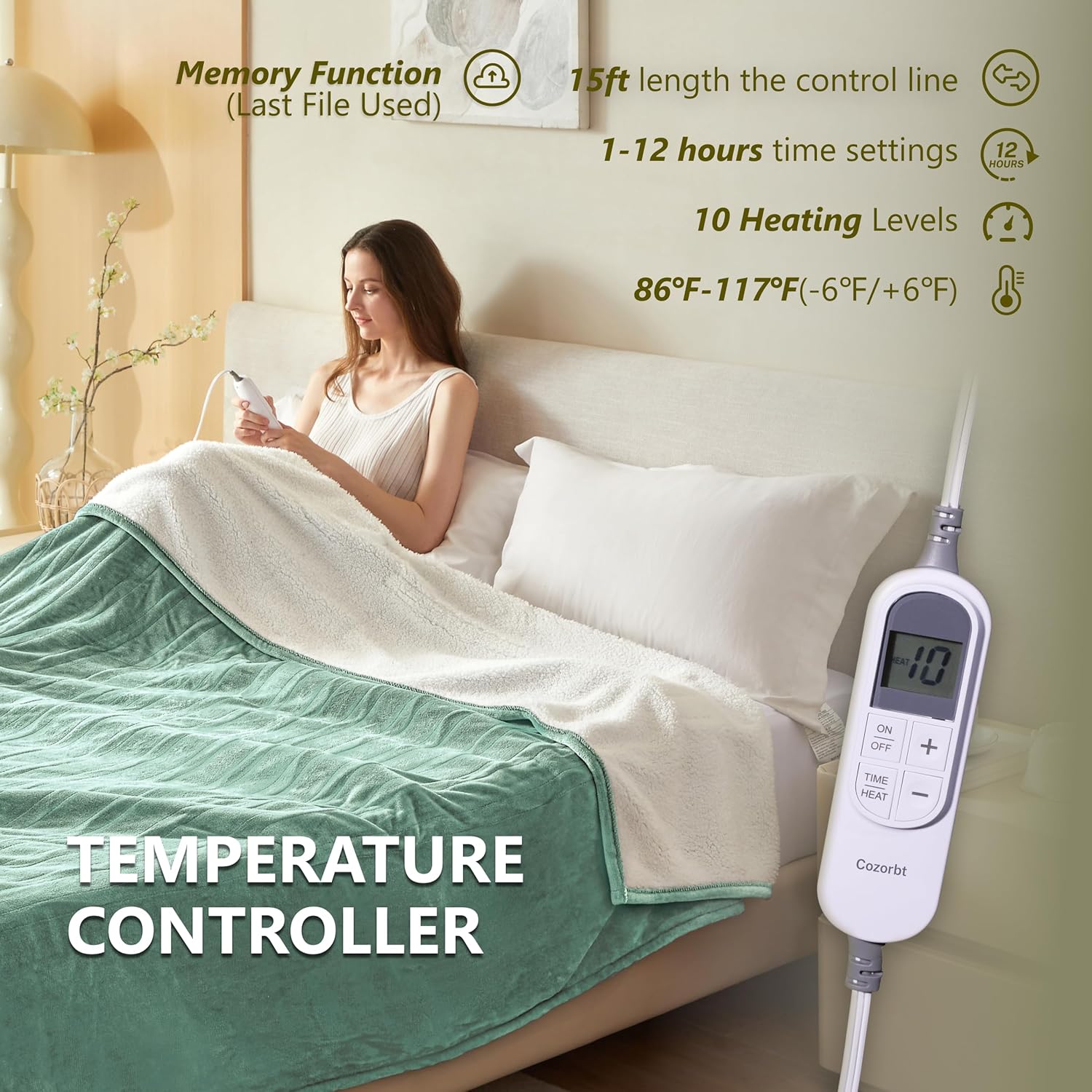 Heat Blanket 50”x60” Throw,Soft Flannel & Sherpa Reversible Electric Blanket with 10 Heat Settings,12 Timer Setting and 3 Hours Auto-Shut Off,ETL Certified Machine Washable,Green - Image 5