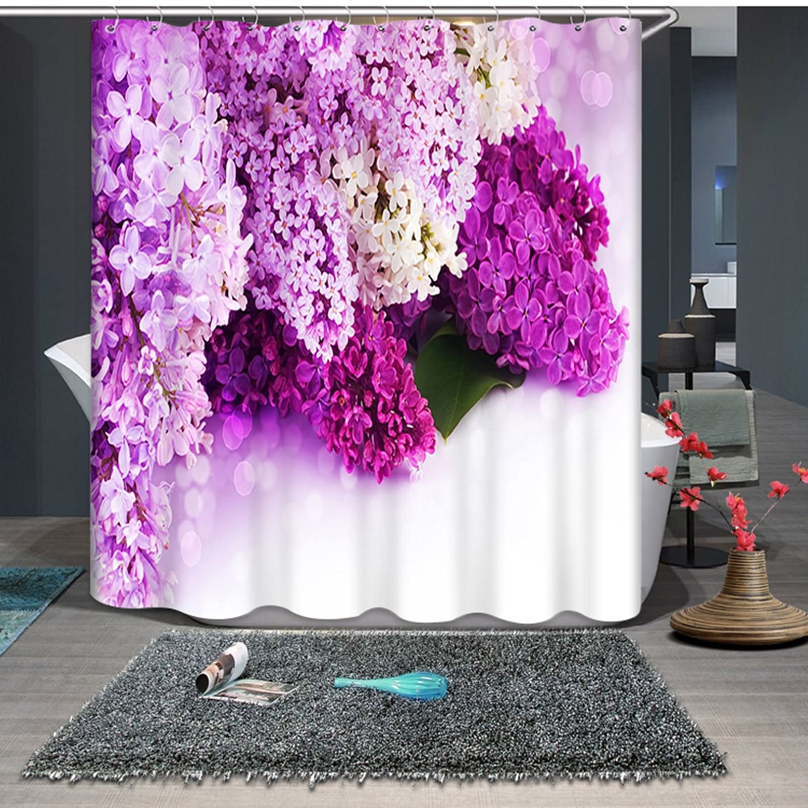 Rideau de douche KnSam 180x200cm en polyester 90g motif fleurs violet et blanc 3D