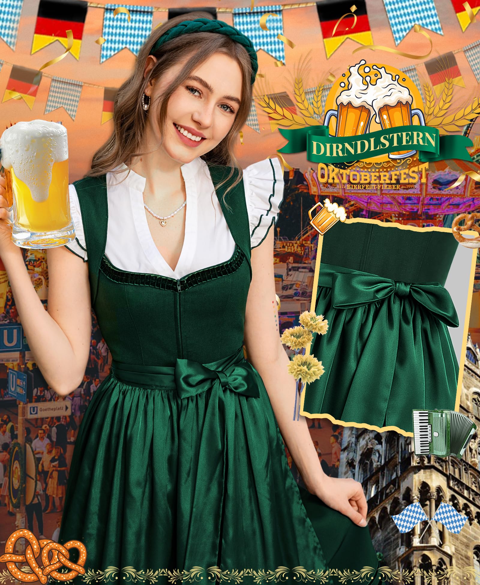 DIRNDLSTERN Damen Trachtenrock Grün - Midi Trachtenkleid für Oktoberfest Leinen Dirndlkleid mit Dirndlschürzen