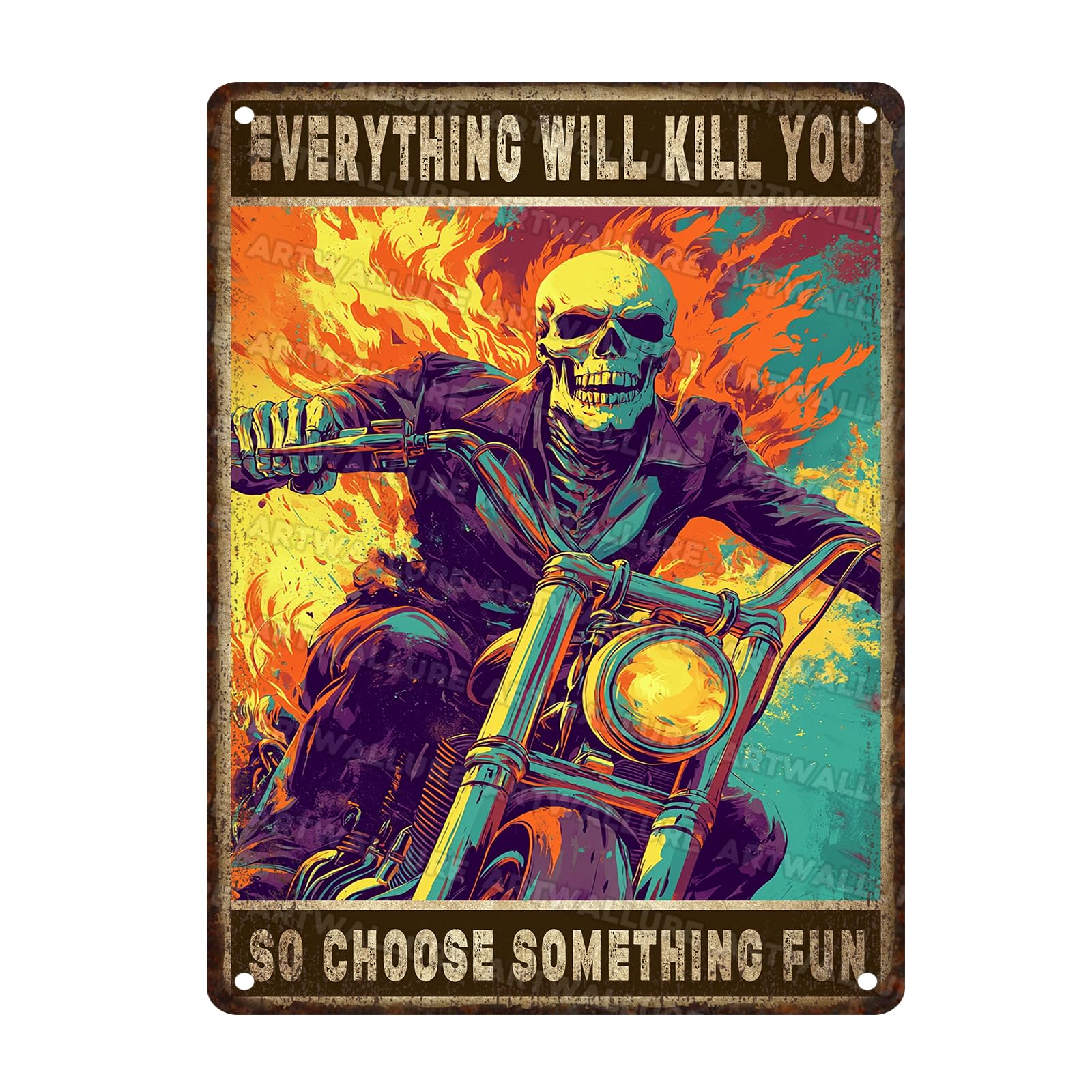 Vintage Skeleton Metal Tin Sign Skull Wall Art Decor for Man Cave Garage Auto Shop Bar Retro Rustic Metal Plaque 12x16inch