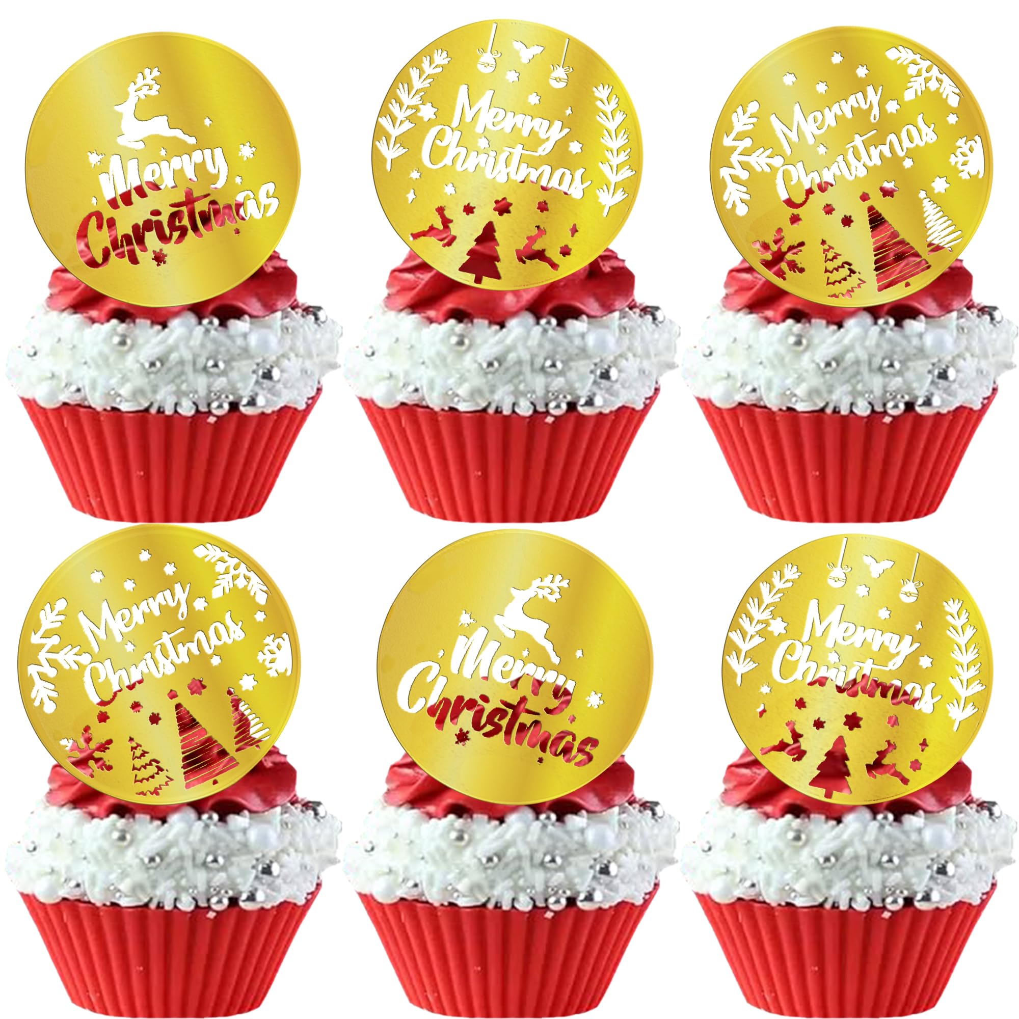 Gyufise 15Pcs Acrylic Christmas Cupcake Toppers Personalized Xmas Signs Snowflake Elk Cupcake Picks for New Year Christmas Celebration Party DIY Cake Decorations Supplies Gold
