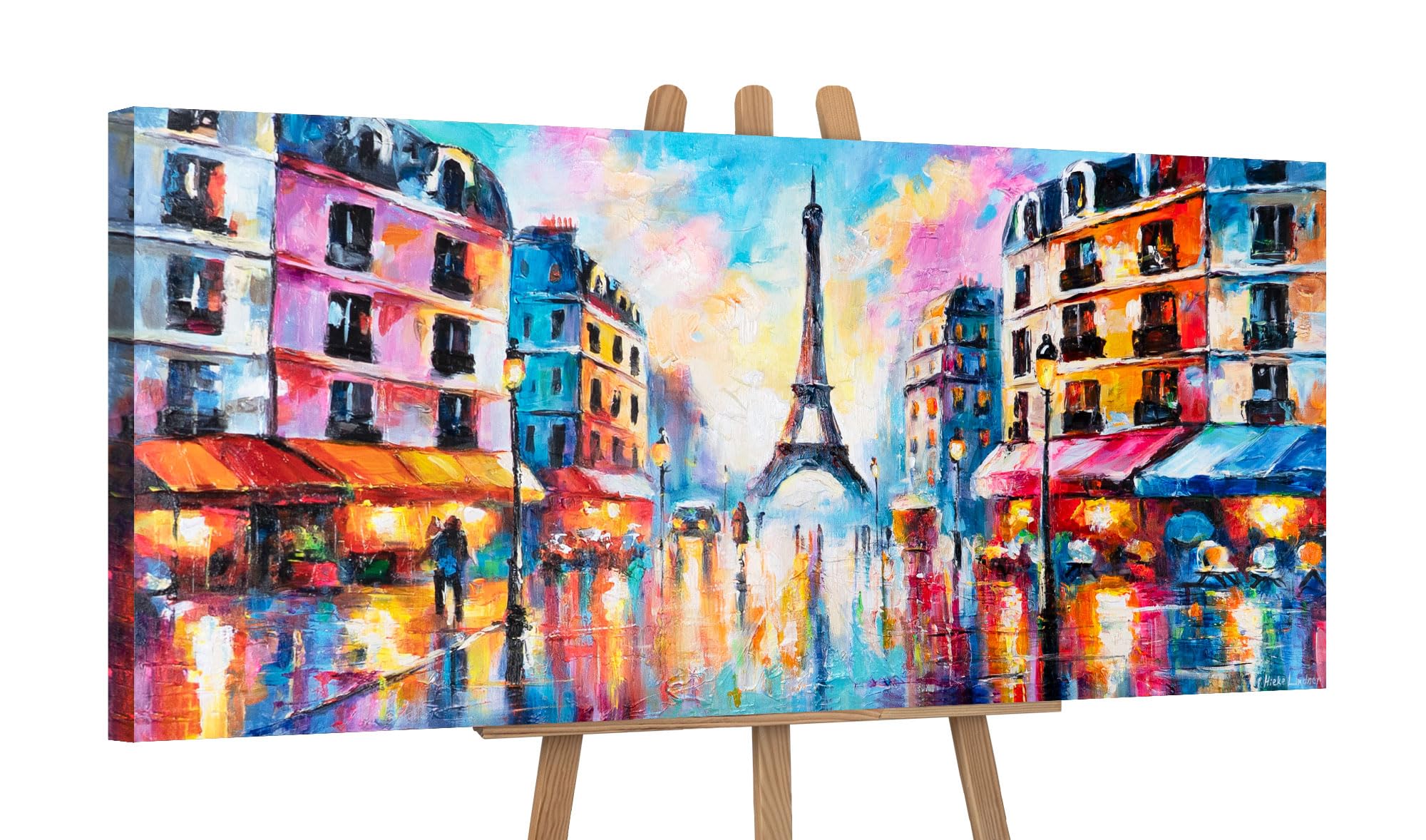 YS-Art Original Acrylic Painting | Paris Street Scene with Eiffel Tower | Colourful Urban Cityscape Canvas | Wall Art for Living Room 45x20 inch