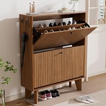 Shoe Cabinet Storage for Entryway with 2 Flip Drawers, Wood Fluted Narrow Shoe Cabinet for Hallway, Walnut